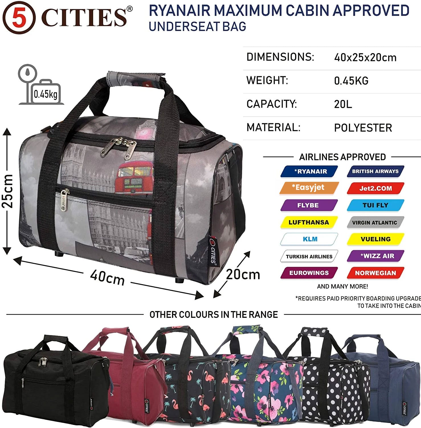 5 Cities (40x20x25cm) Ryanair Approved Hand Luggage Holdall Flight Bag, Under Seat Cabin Holdall – Take The Max On Board