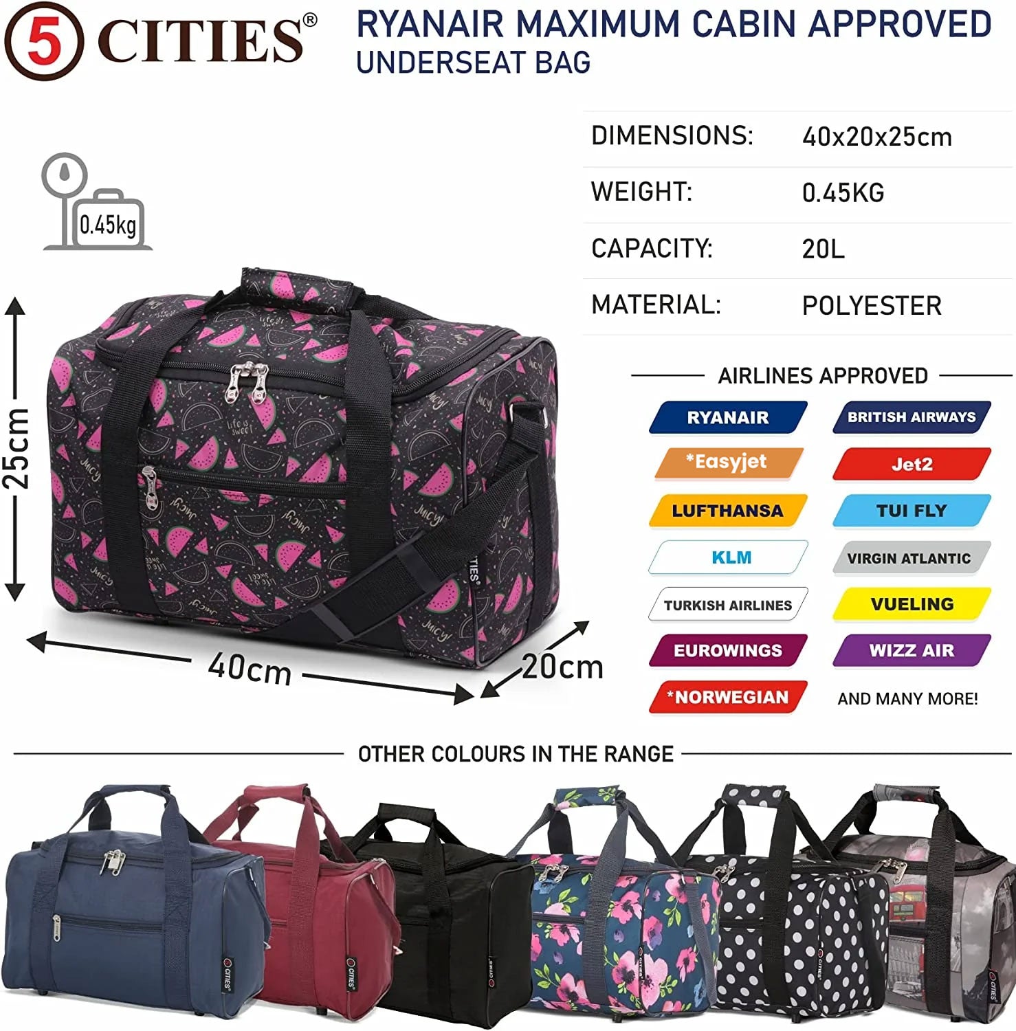 5 Cities (40x20x25cm) Ryanair Approved Hand Luggage Holdall Flight Bag, Under Seat Cabin Holdall – Take The Max On Board
