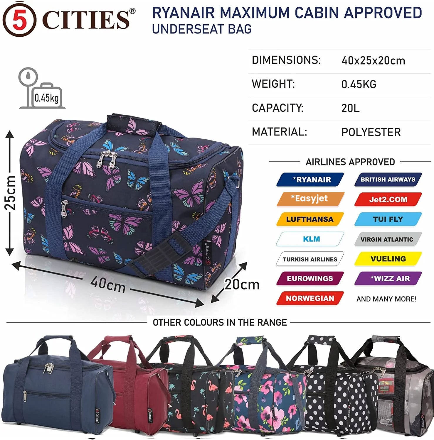 5 Cities (40x20x25cm) Ryanair Approved Hand Luggage Holdall Flight Bag, Under Seat Cabin Holdall – Take The Max On Board
