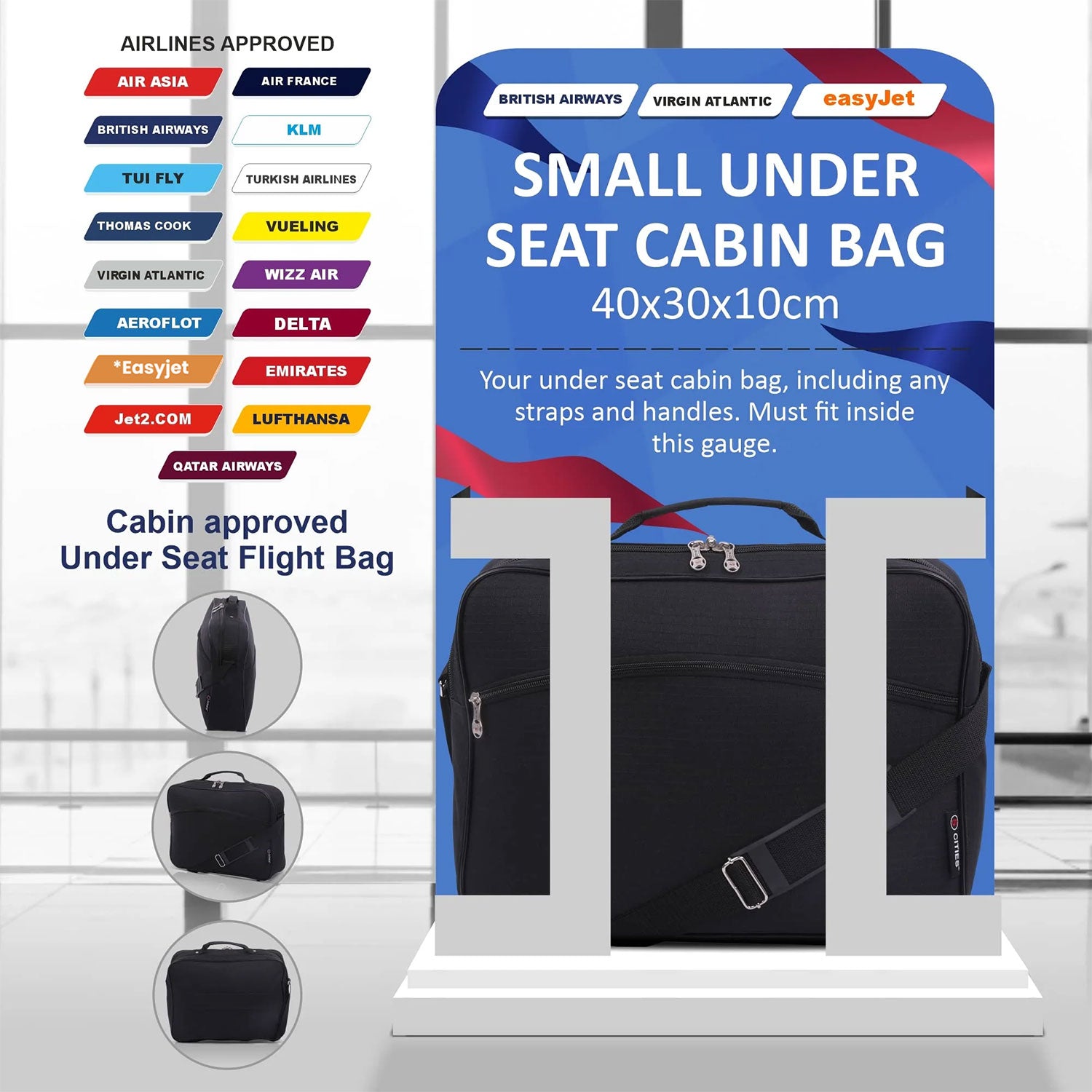 5 CITIES 40x30x10 New and Improved 2025 British Airways, Virgin Atlantic, EasyJet Holdall Cabin Luggage Under Seat Flight Bag, Black