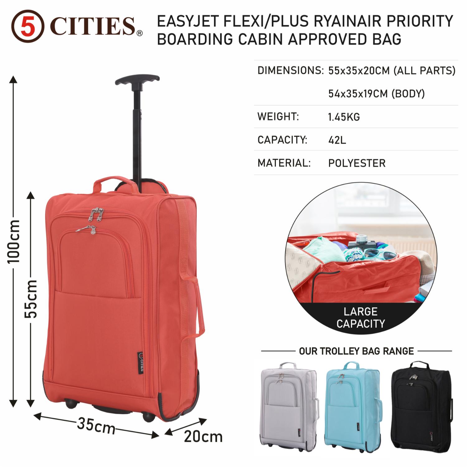 5 Cities (55x35x20cm) Lightweight Cabin Hand Luggage With a Retractable Telescopic Handle, Approved For Ryanair/easyJet/British Airways & more - Packed Direct UK