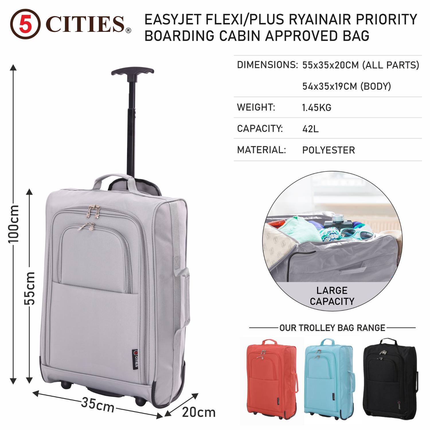 5 Cities (55x35x20cm) Lightweight Cabin Hand Luggage With a Retractable Telescopic Handle, Approved For Ryanair/easyJet/British Airways & more - Packed Direct UK