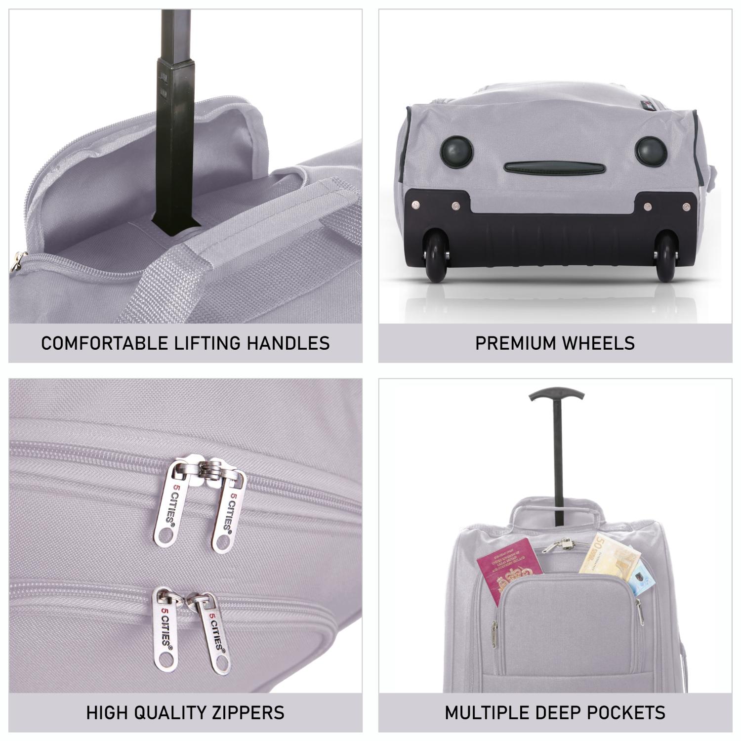 5 Cities (55x35x20cm) Lightweight Cabin Hand Luggage With a Retractable Telescopic Handle, Approved For Ryanair/easyJet/British Airways & more - Packed Direct UK