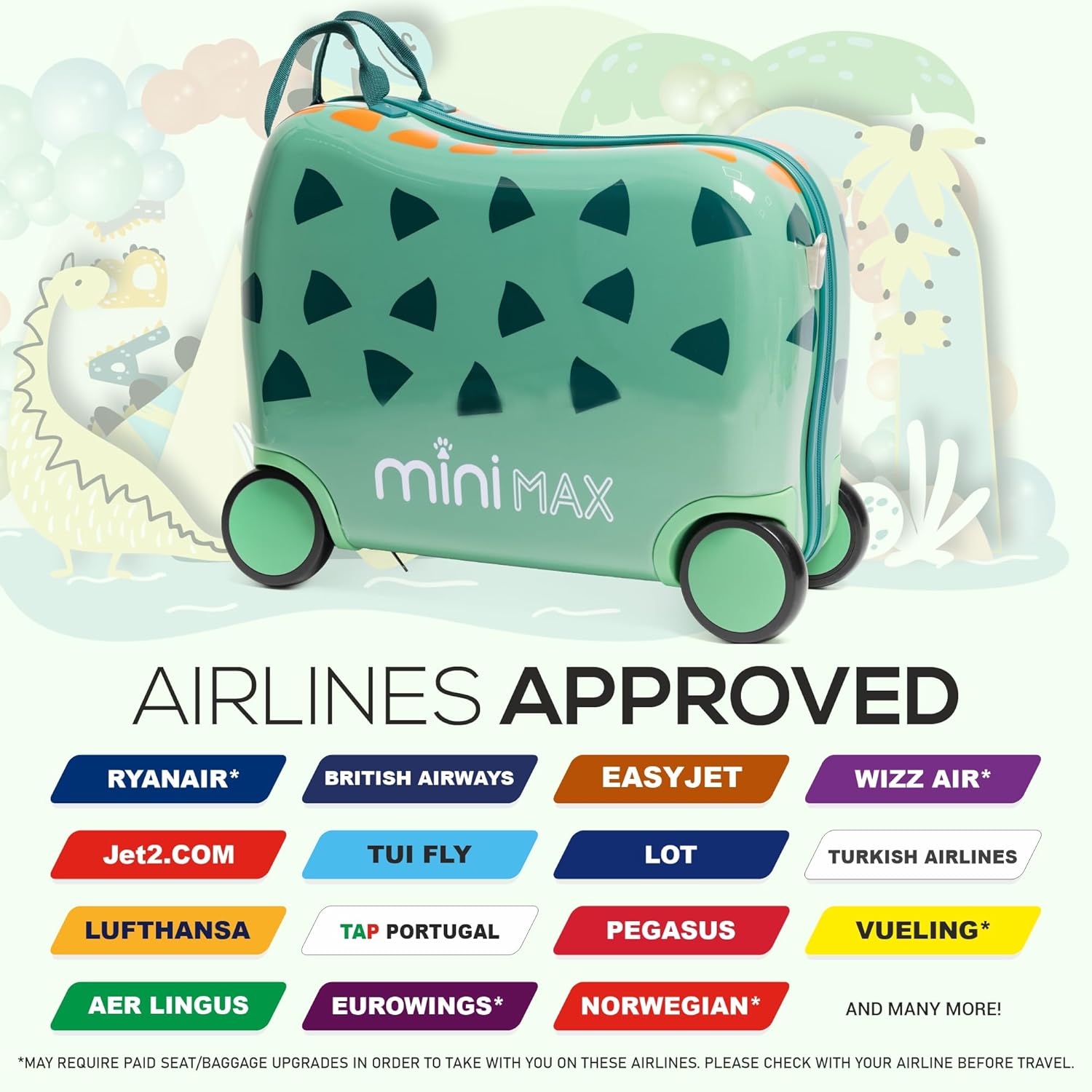 Aerolite MiniMax kids ride-on suitcase approved for multiple airlines, including EasyJet, Ryanair, and British Airways, with a compact 45x36x20cm size.