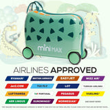 Aerolite MiniMax kids ride-on suitcase approved for multiple airlines, including EasyJet, Ryanair, and British Airways, with a compact 45x36x20cm size.