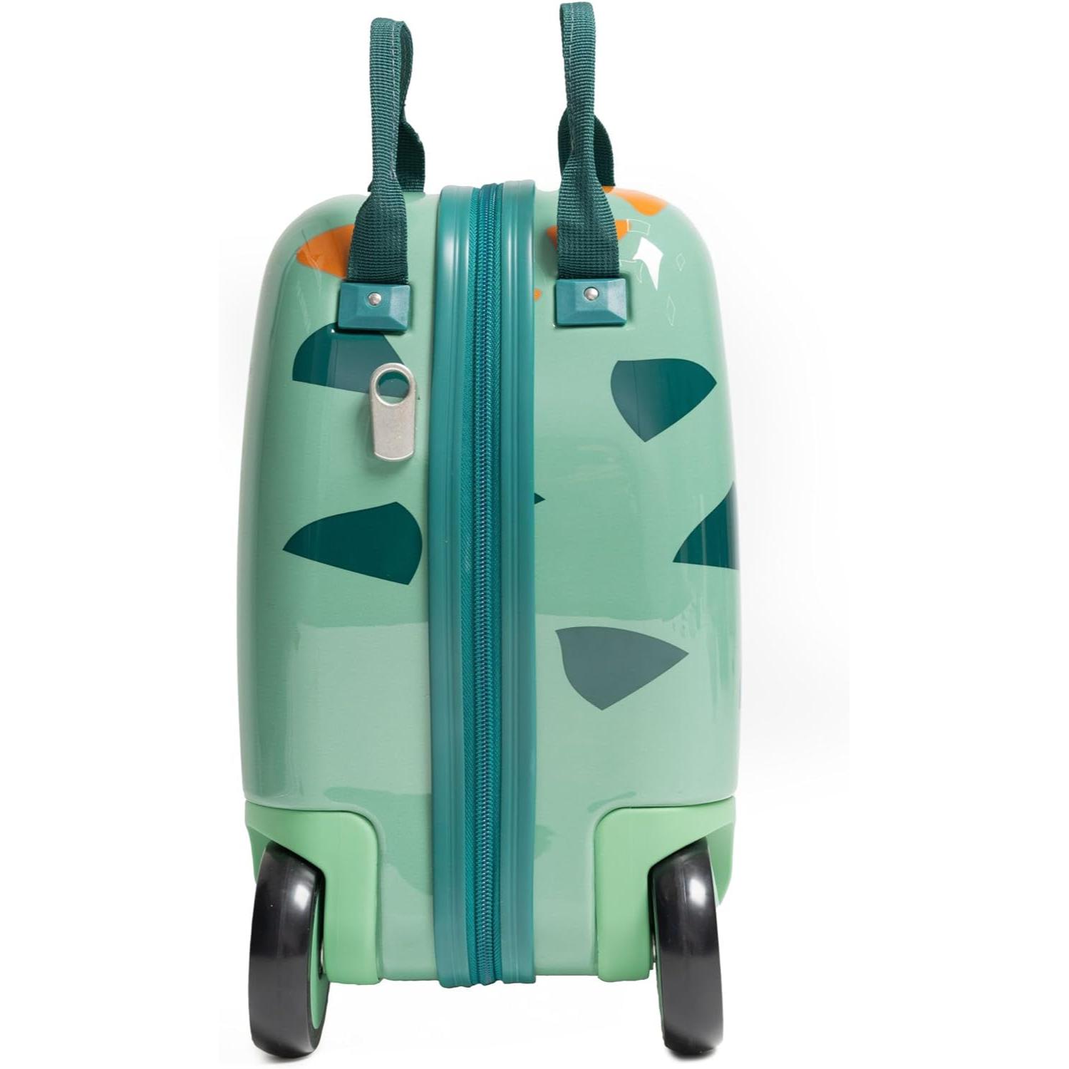 Side view of Aerolite MiniMax green ride-on suitcase, showcasing its compact dimensions, durable wheels, and playful design for kids.