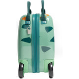 Side view of Aerolite MiniMax green ride-on suitcase, showcasing its compact dimensions, durable wheels, and playful design for kids.
