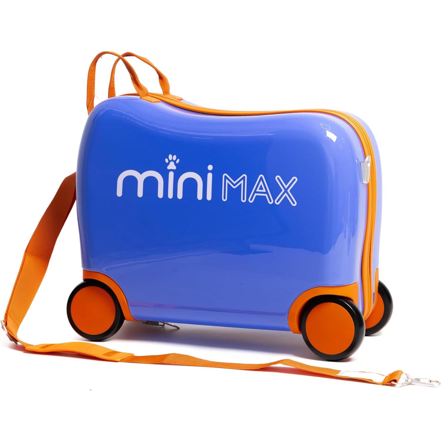 Aerolite MiniMax Childrens Ride - On Suitcase Fits 45x36x20cm EasyJet Maximum Size Kids Hand Luggage With Wheels 29L, Free Neck Pillow, Travel Bag & Stickers (Blue) - Aerolite UK