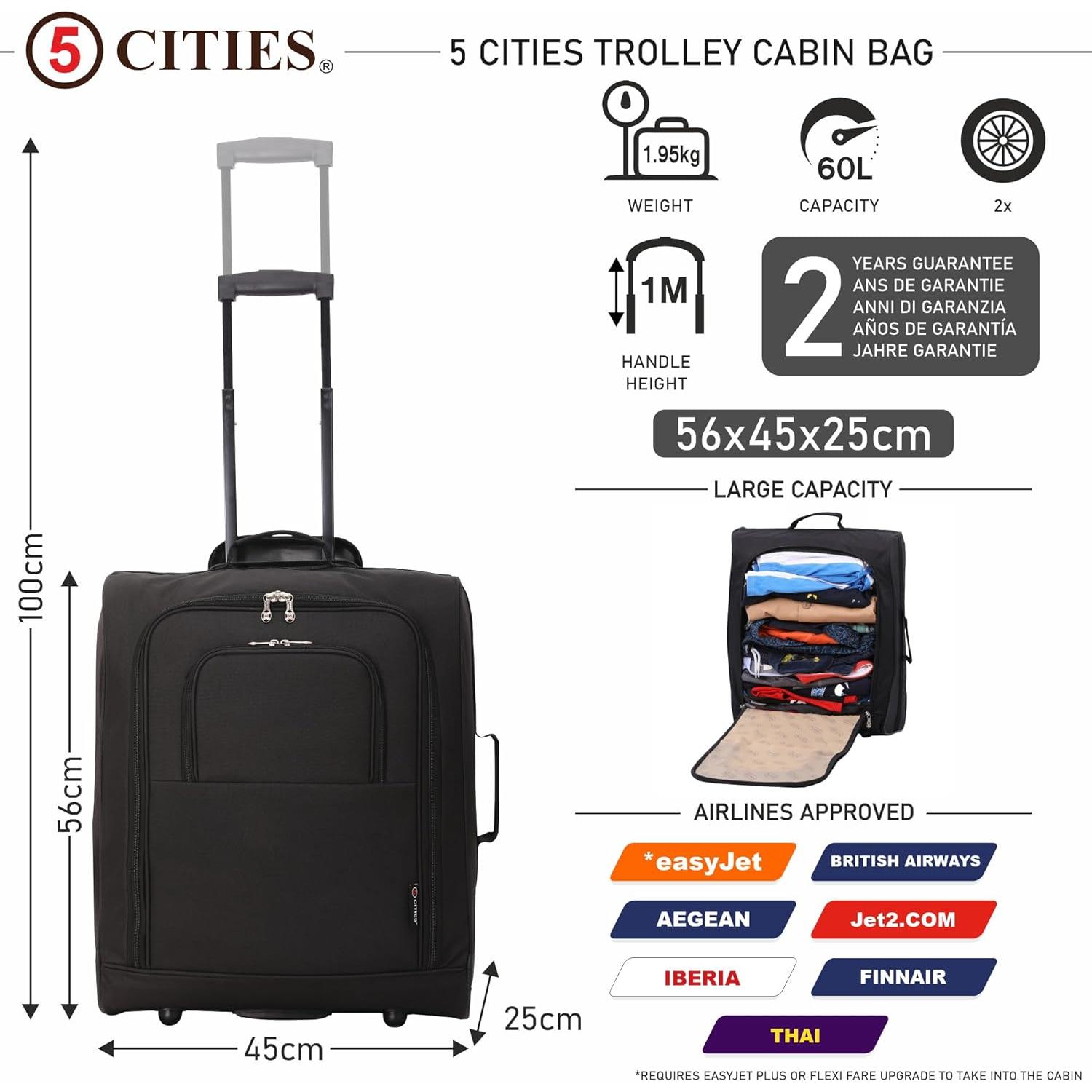 5 Cities British Airways Maximum Size Bundle, 56x45x25cm Large Cabin Softshell Suitcase & 40x30x15cm Under Seat Holdall