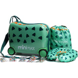 Aerolite MiniMax green ride-on suitcase with matching neck pillow, drawstring bag, and colorful stickers for kids' personalized travel experience.