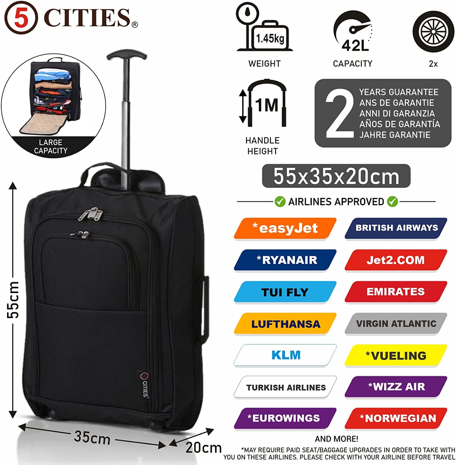 5 Cities (55x35x20cm) Lightweight Cabin Hand Luggage (x2), Approved For Ryanair/easyJet/British Airways and more!