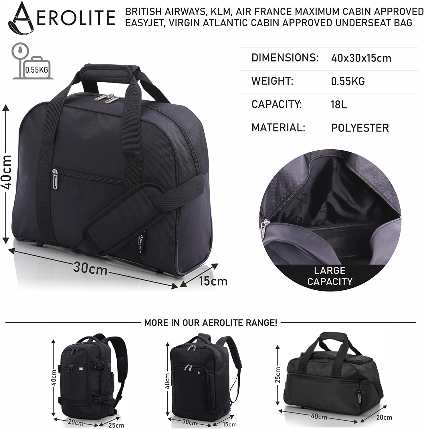 AEROLITE 40x30x15 New and Improved 2025 British Airways, EasyJet, Virgin Atlantic, KLM Holdall, Cabin Luggage Under Seat Flight Bag, Black