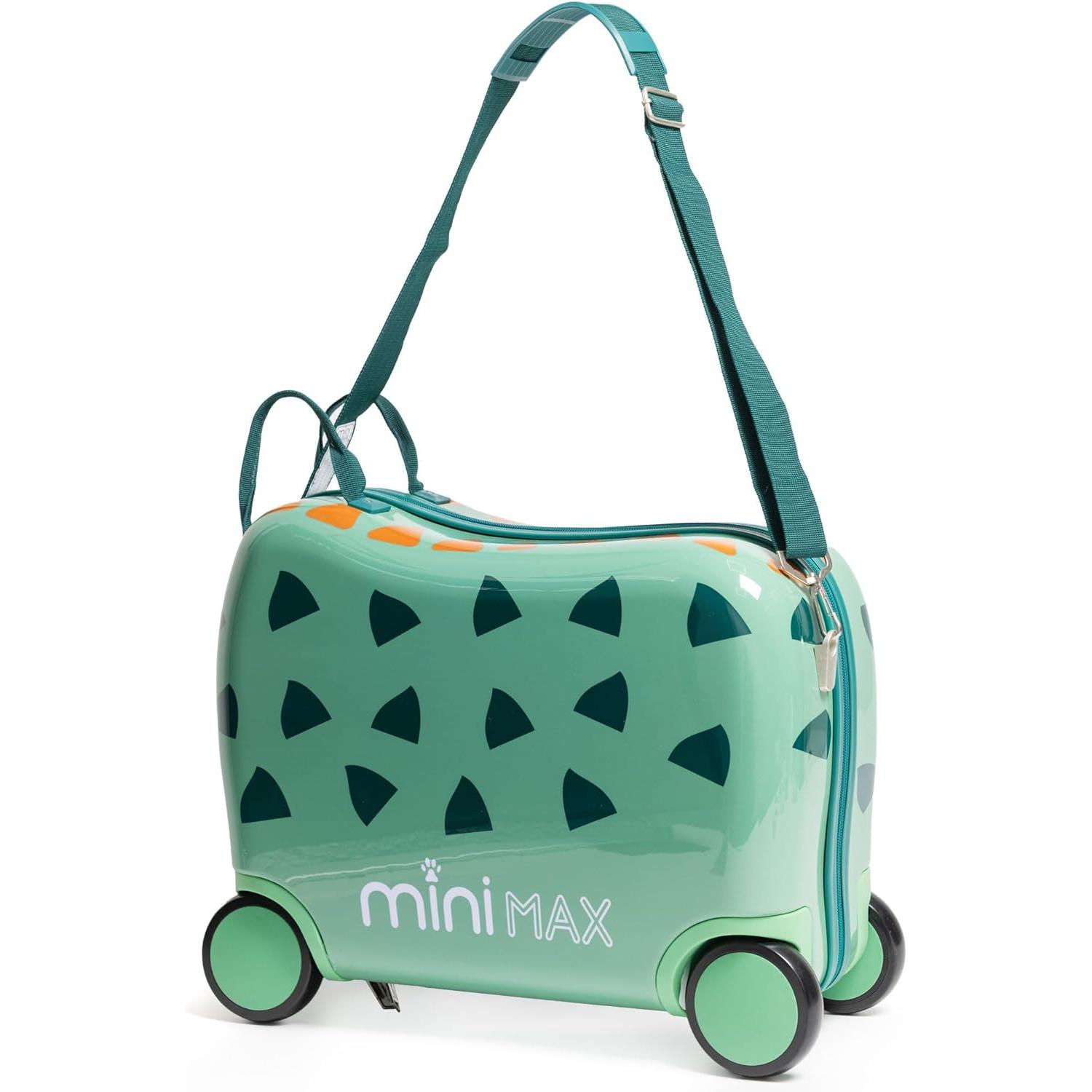 Aerolite MiniMax green ride-on suitcase with detachable strap, showcasing its compact design and versatility for kids' travel.