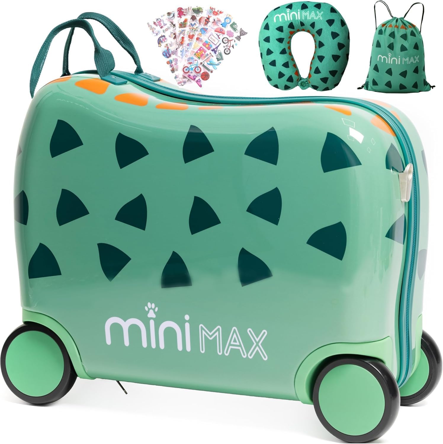 Aerolite MiniMax green ride-on suitcase with included stickers, neck pillow, and drawstring bag, designed for kids' travel convenience and fun.