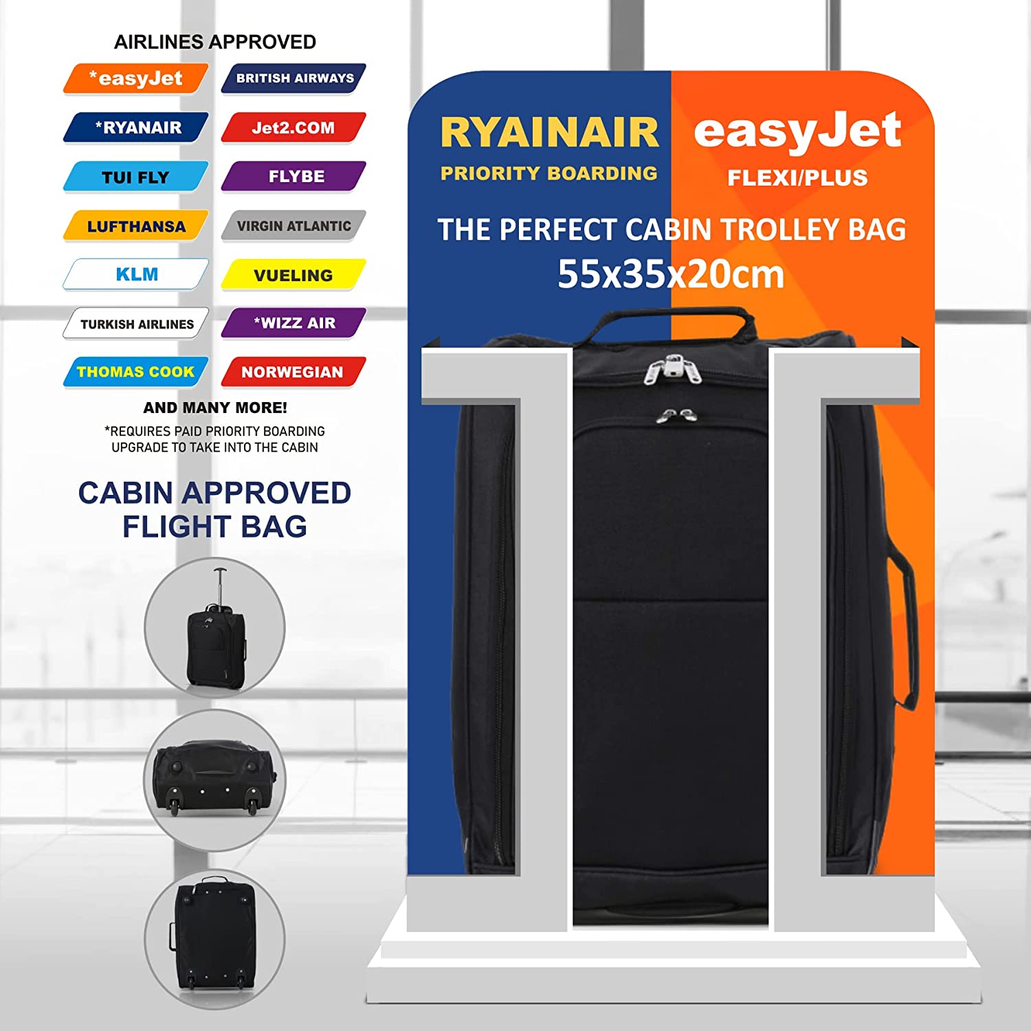 5 Cities (55x35x20cm) Lightweight Cabin Hand Luggage (x2), Approved For Ryanair/easyJet/British Airways and more!