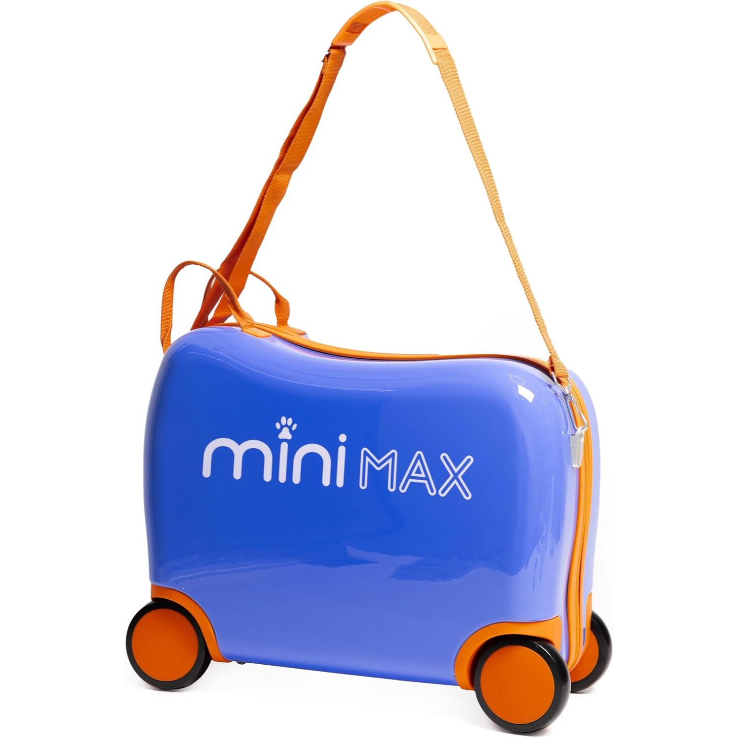 Aerolite MiniMax Childrens Ride - On Suitcase Fits 45x36x20cm EasyJet Maximum Size Kids Hand Luggage With Wheels 29L, Free Neck Pillow, Travel Bag & Stickers (Blue) - Aerolite UK