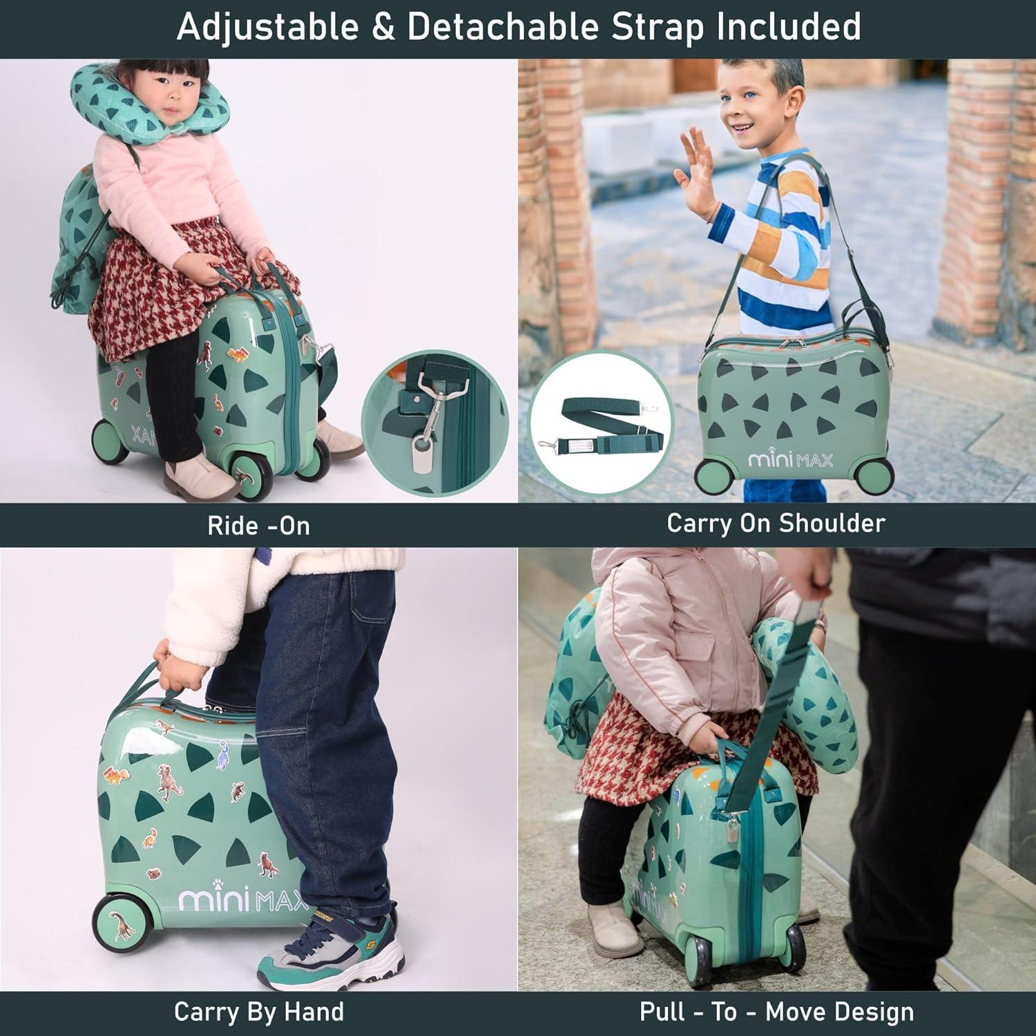 Aerolite MiniMax ride-on suitcase with detachable strap, showcasing multiple carrying options including ride-on, shoulder carry, and pull-along.