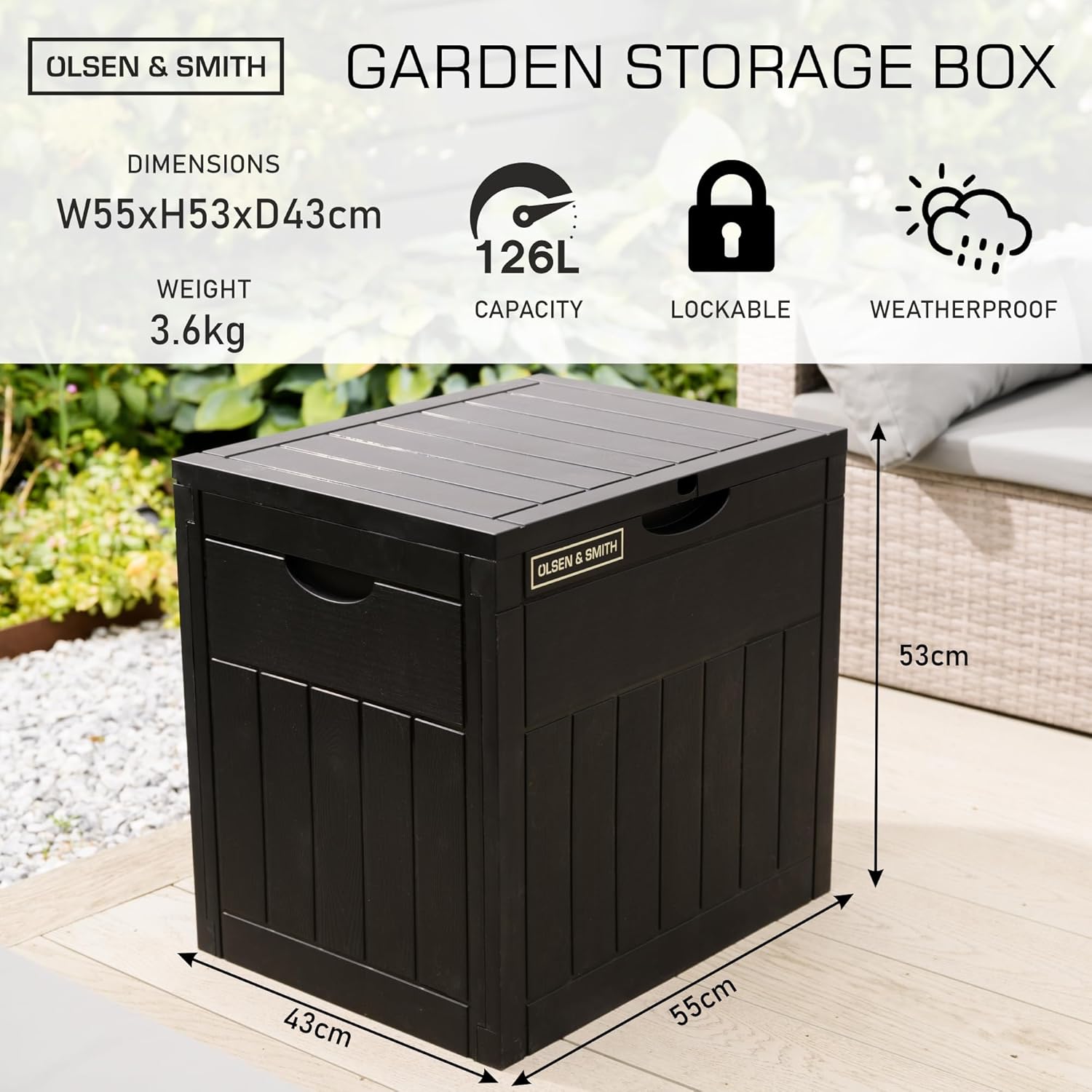 Olsen & Smith Lockable Outdoor Garden Plastic Storage Box Container Chest Lawn Balcony Furniture, Weather Resistant, Wood Panel Effect (126L)