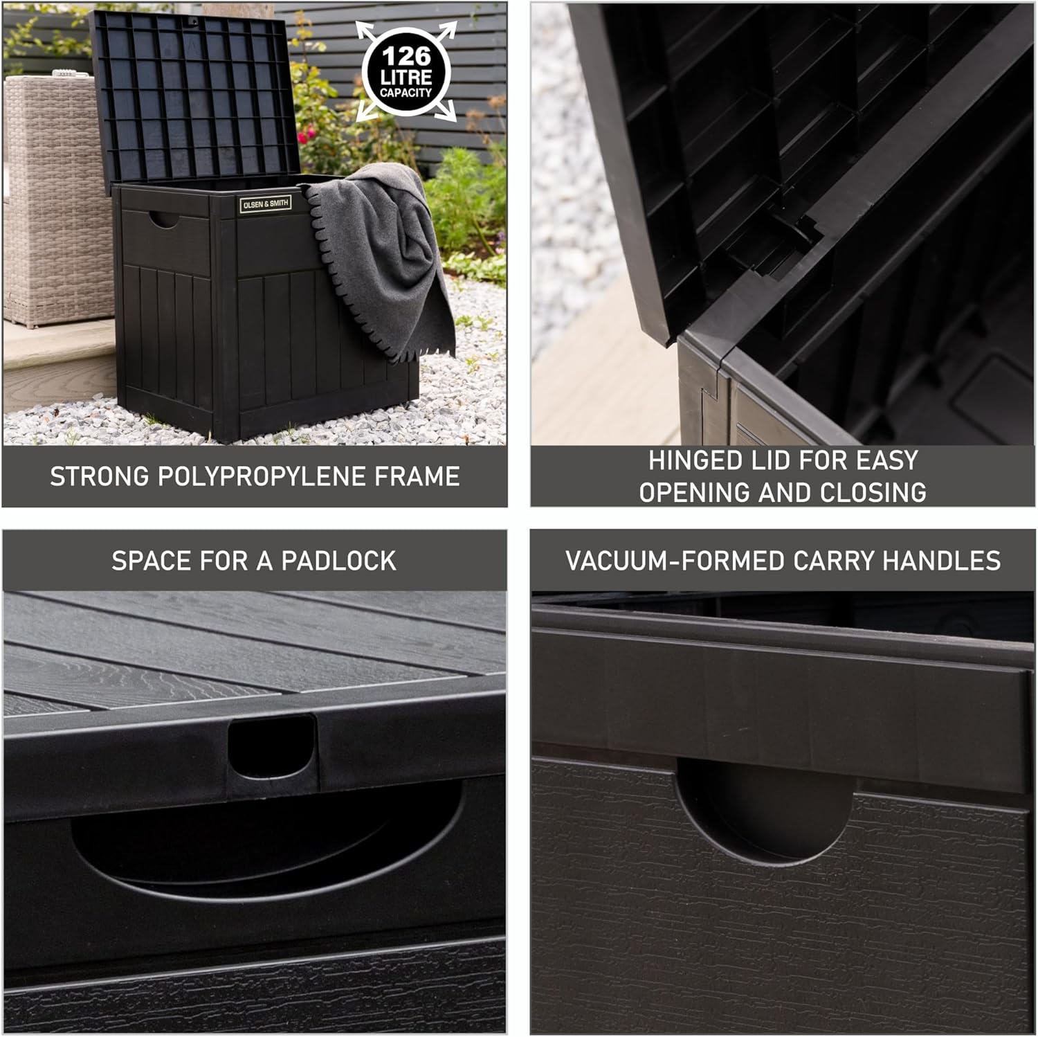 Olsen & Smith Lockable Outdoor Garden Plastic Storage Box Container Chest Lawn Balcony Furniture, Weather Resistant, Wood Panel Effect (126L)