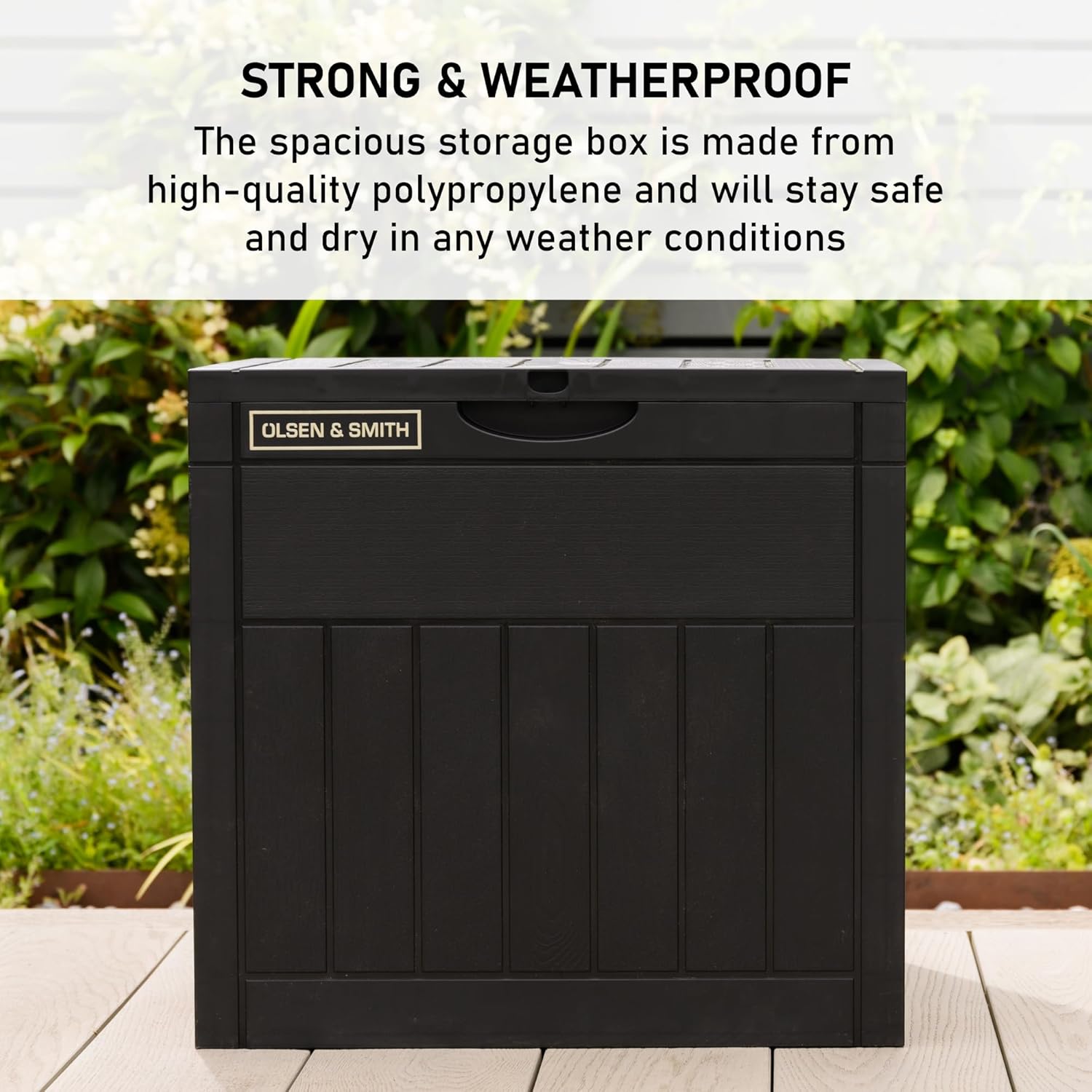 Olsen & Smith Lockable Outdoor Garden Plastic Storage Box Container Chest Lawn Balcony Furniture, Weather Resistant, Wood Panel Effect (126L)