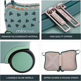 Close-up of Aerolite MiniMax suitcase's premium polycarbonate material, high-quality zippers, durable wheels, and internal zipped divider for organized packing.