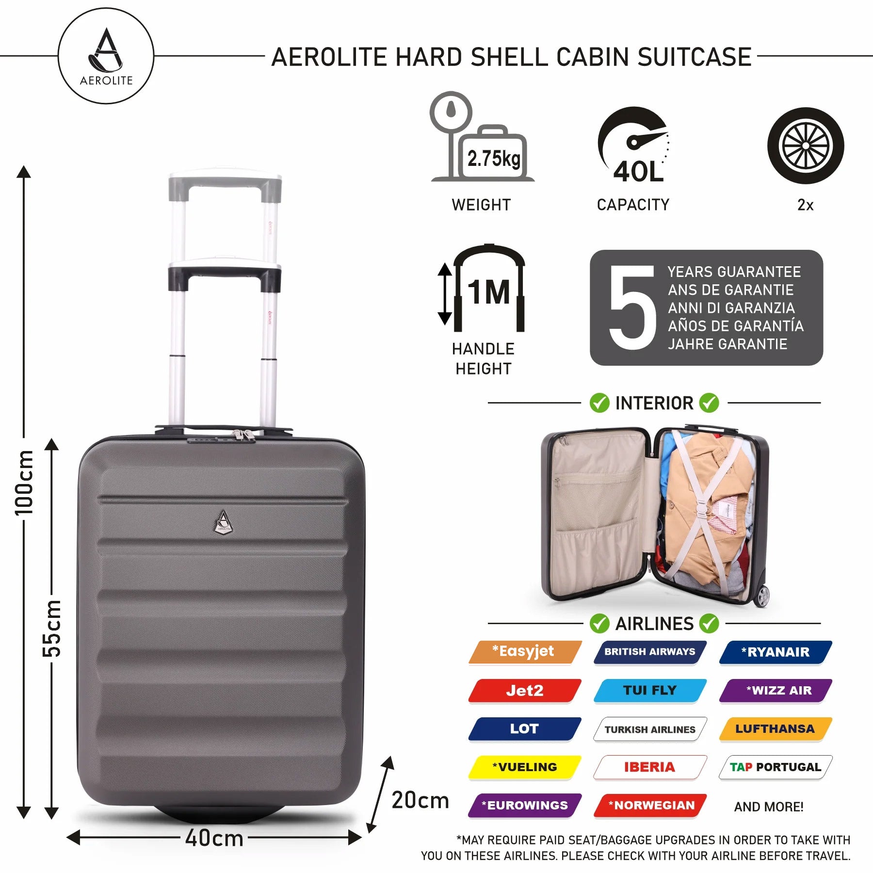 Aerolite Ryanair Maximum Bundle (55x40x20 Suitcase + 40x20x25 Holdall) 2-Piece Carry On Hand Cabin Luggage Set Bundle