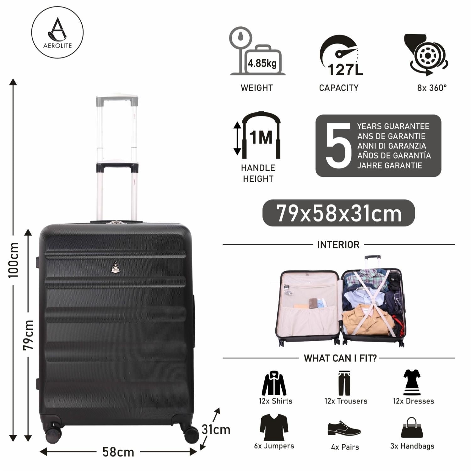 Aerolite Extra Large 29" Lightweight Hard Shell 8-Wheels Suitcase, 5 Years Warranty, Pack Up To 32 KG