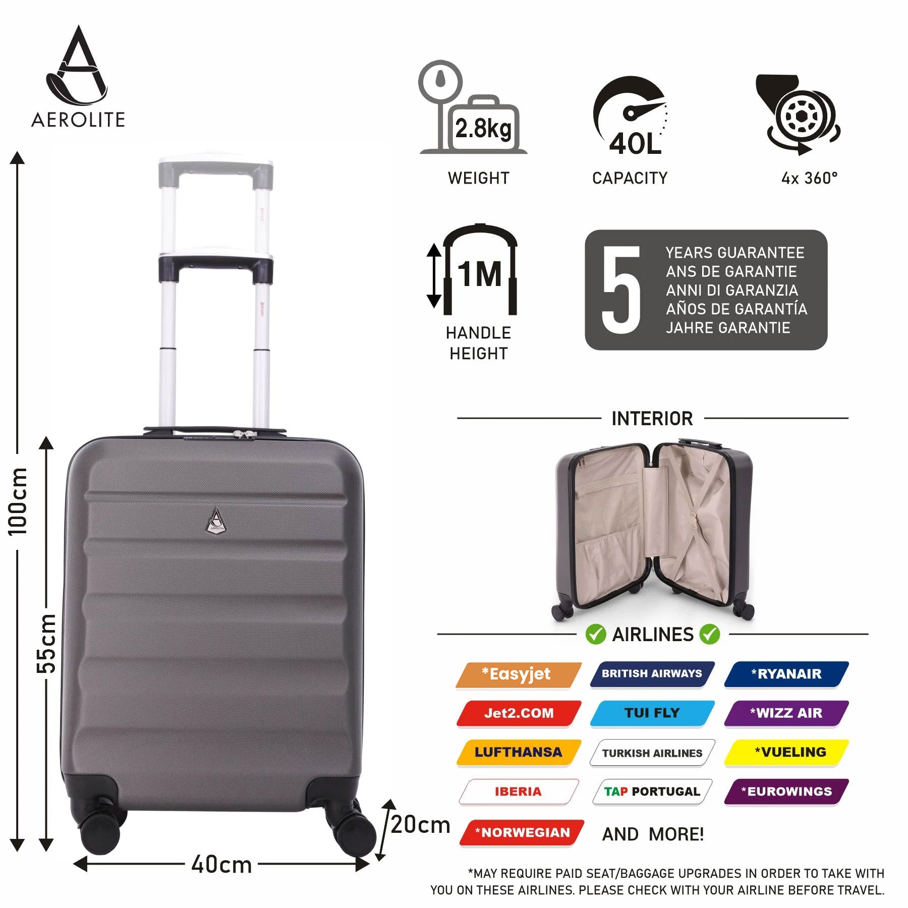Aerolite Ryanair Max Bundle (55x40x20cm Priority Suitcase + 40x20x25cm Holdall), 2 Piece Carry On Hand Cabin Luggage Set Bundle