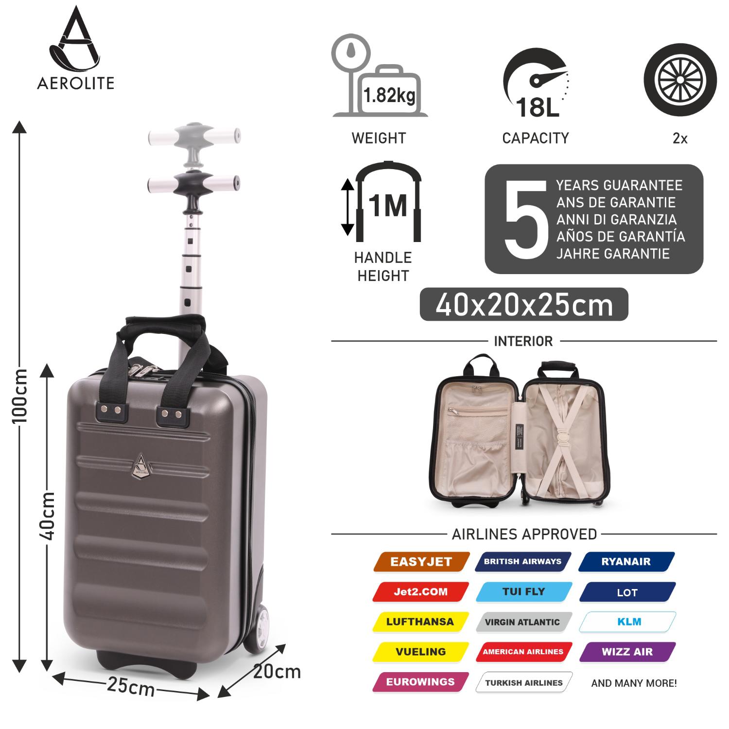 Aerolite 40x20x25cm Ryanair Approved Cabin Bag – Lightweight 2-Wheel Hard Shell Underseat Luggage with TSA Lock – Eco-Friendly Interior – Charcoal