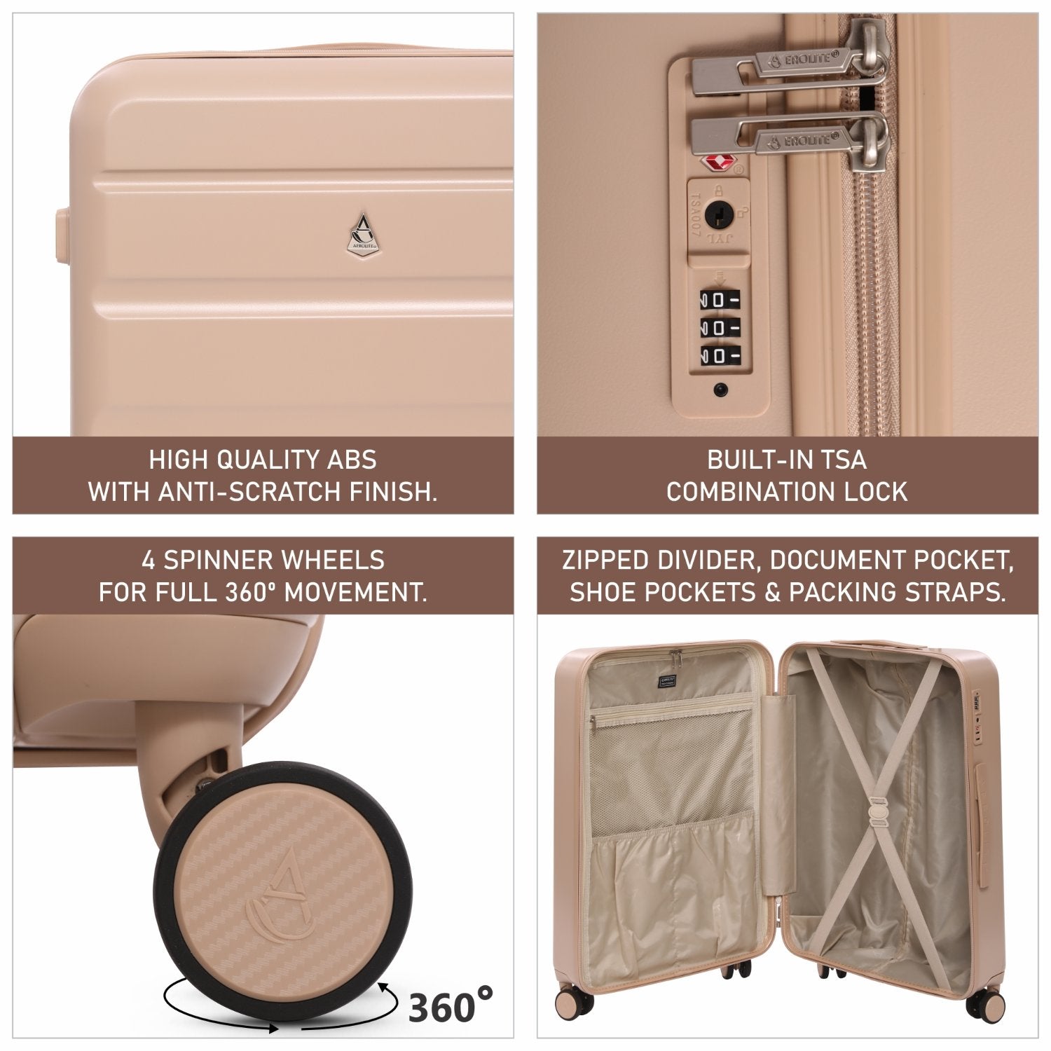 Aerolite 24-Inch Medium Check-In Luggage, 67L Lightweight Hard Shell Suitcase with 4 Spinner Wheels, TSA Lock, Durable ABS Travel Hold Suitcase – Beige