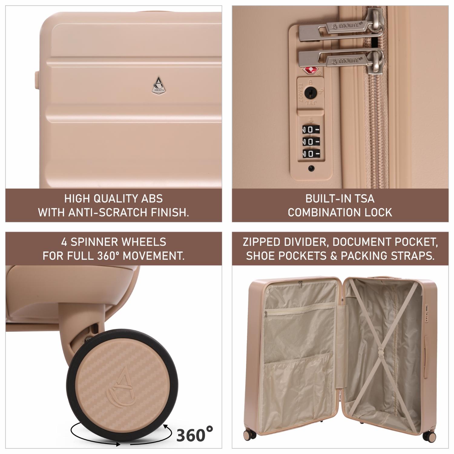 Aerolite Lightweight ABS Hard Shell 4 Wheel Spinner 4 Piece Travel Luggage Suitcase Set , Cabin + Medium + Large + Extra Large (BEIGE)