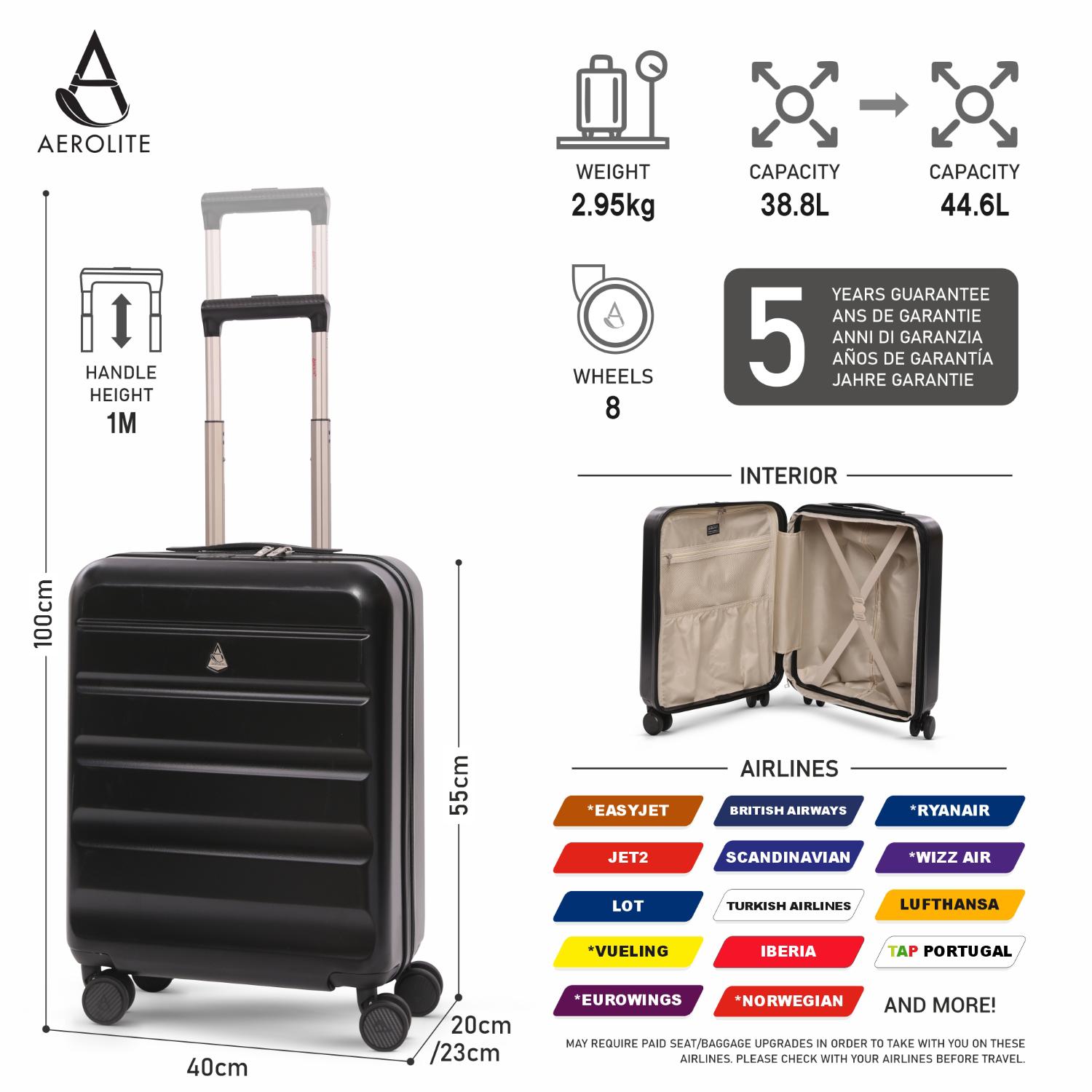 Aerolite 3-Piece Luggage Set – Lightweight Hard Shell Suitcases with 4 Dual Spinner Wheels & TSA Lock – Expandable Cabin (21”), Medium (24”), Large (28”) – Expandable Carry-On Case Included – Black