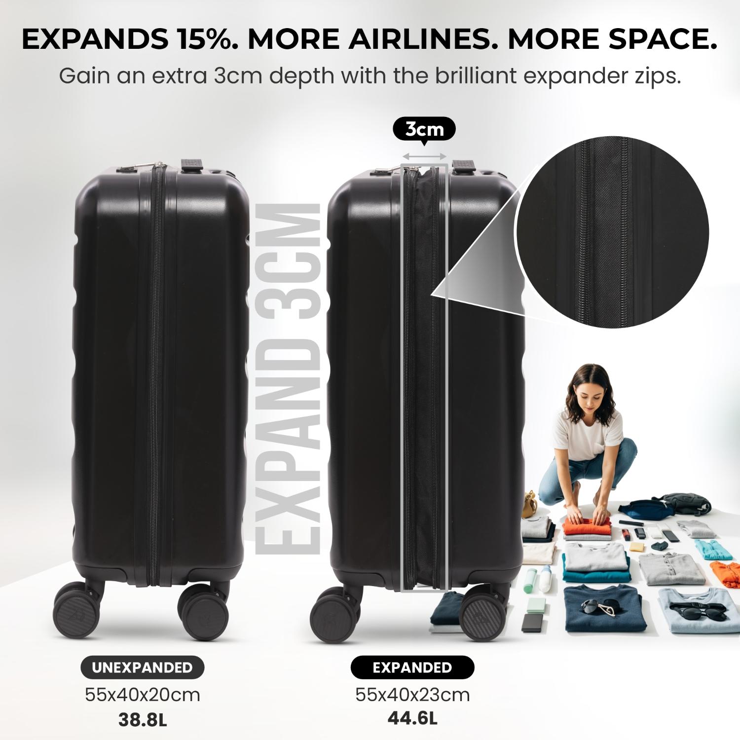 Aerolite 3-Piece Luggage Set – Lightweight Hard Shell Suitcases with 4 Dual Spinner Wheels & TSA Lock – Expandable Cabin (21”), Medium (24”), Large (28”) – Expandable Carry-On Case Included – Black