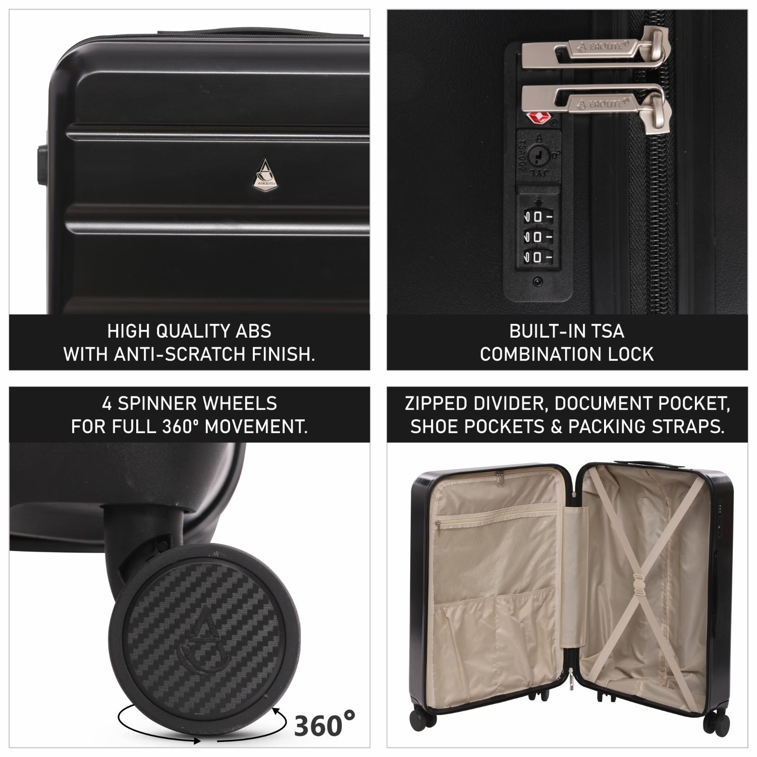 Aerolite 24-Inch Medium Check-In Luggage, 67L Lightweight Hard Shell Suitcase with 4 Spinner Wheels, TSA Lock, Durable ABS Travel Hold Suitcase - Black