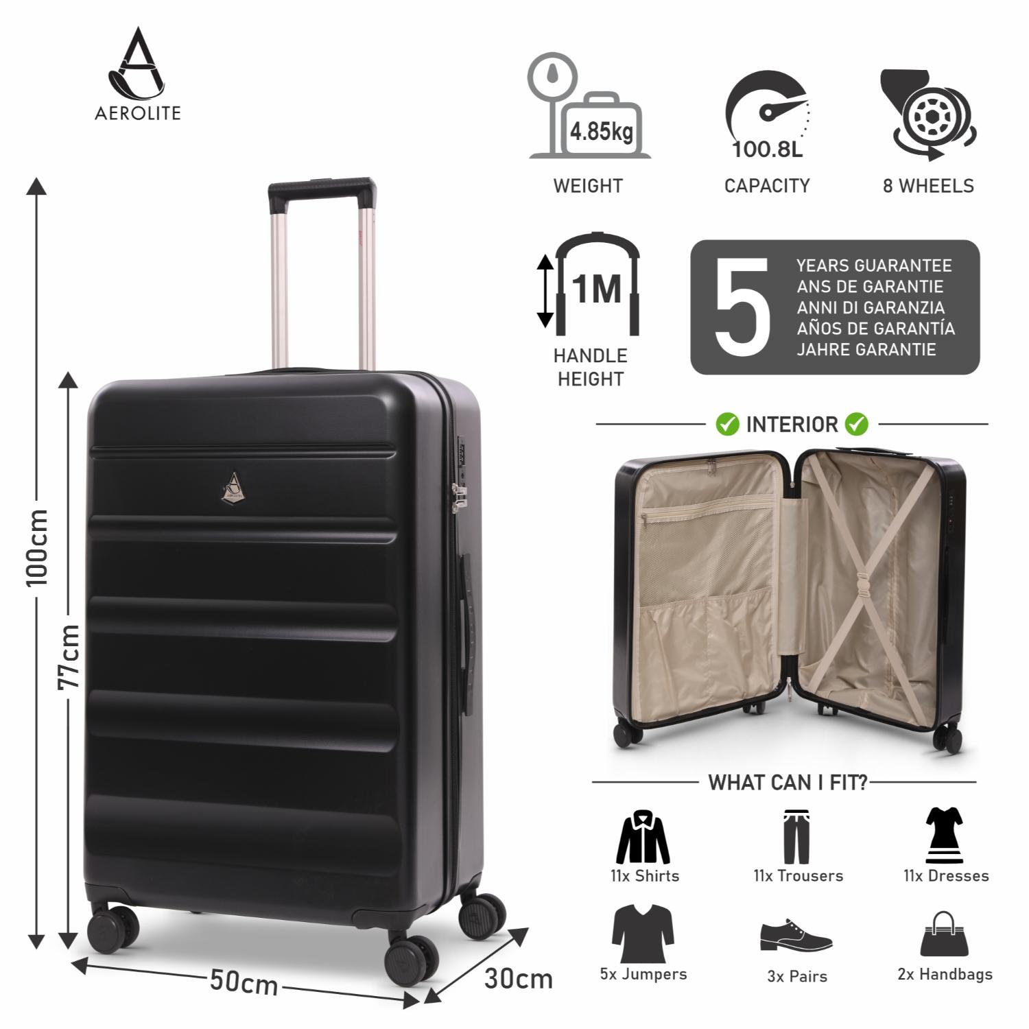 Aerolite Large 28" 100L Lightweight ABS Hard Shell Suitcase, 4 Dual Wheel Spinner, TSA Lock, Durable Check-In Hold Luggage - Black