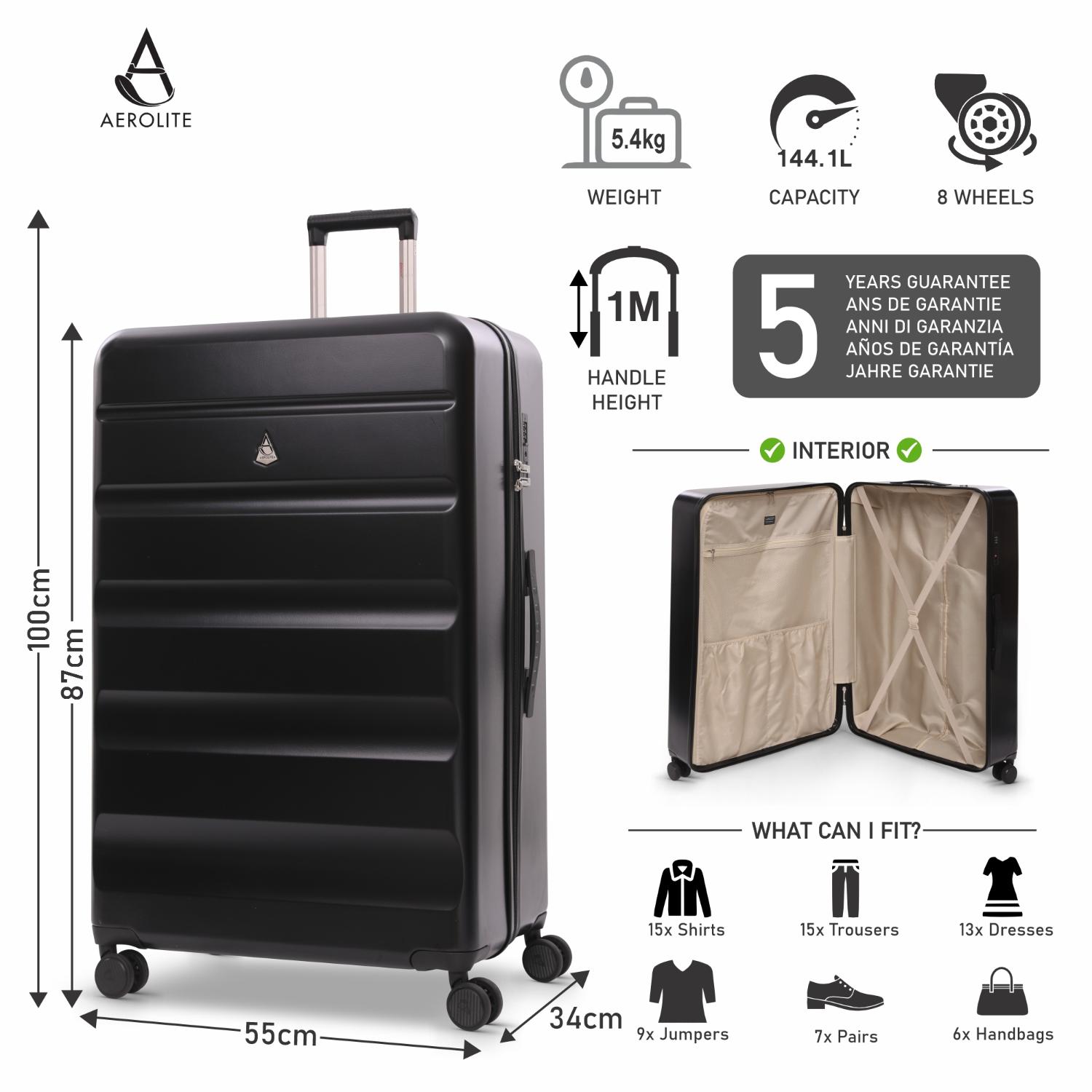 Aerolite Extra Large XL 32" 144L Lightweight ABS Hard Shell Suitcase, 4 Dual Wheel Spinner, TSA Lock, Heavy-Duty Check-In Travel Luggage - Black