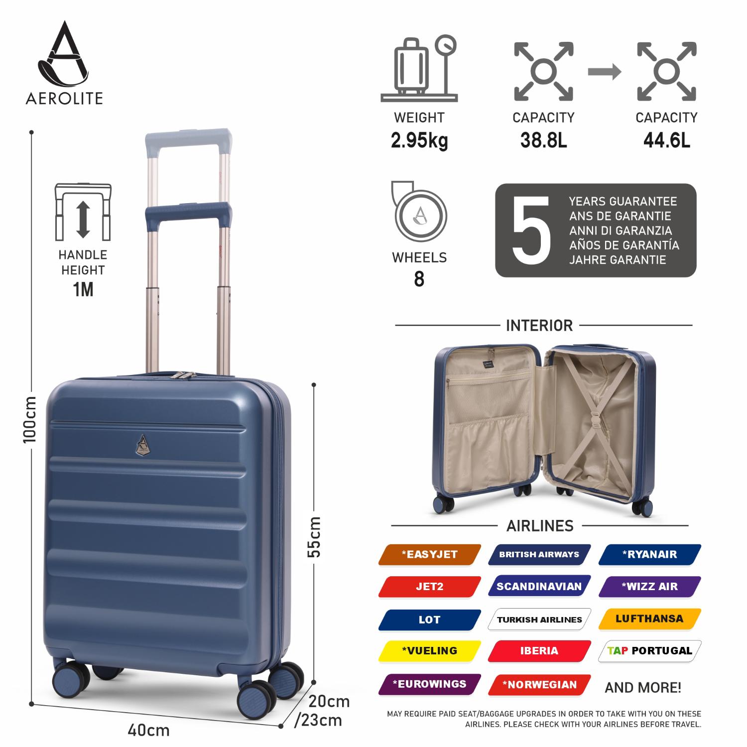 Aerolite Lightweight ABS Hard Shell 4 Wheel Spinner 4 Piece Travel Luggage Suitcase Set , Cabin + Medium + Large + Extra Large (BLUE)