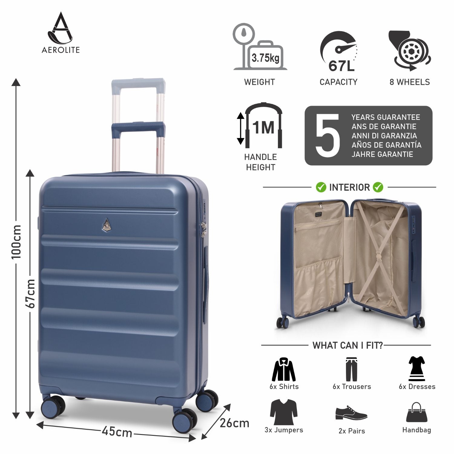 Aerolite 24-Inch Medium Check-In Luggage, 67L Lightweight Hard Shell Suitcase with 4 Spinner Wheels, TSA Lock, Durable ABS Travel Hold Suitcase – Blue