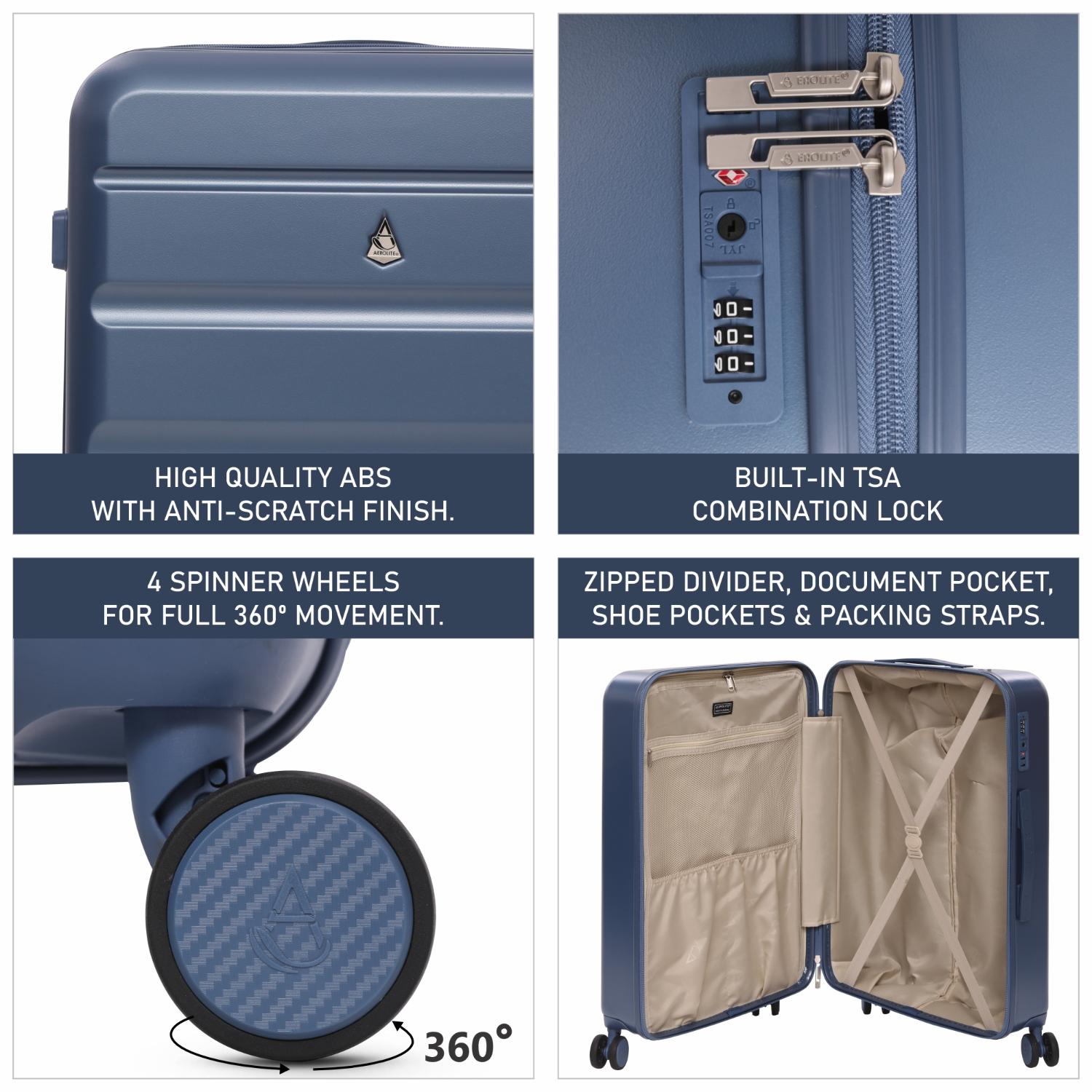 Aerolite Lightweight ABS Hard Shell 4 Wheel Spinner 4 Piece Travel Luggage Suitcase Set , Cabin + Medium + Large + Extra Large (BLUE)
