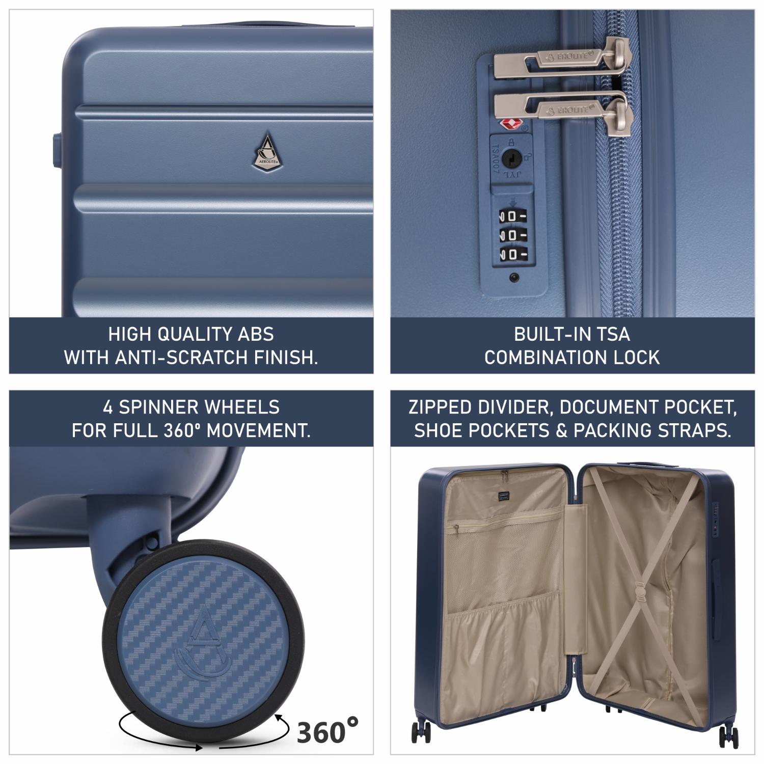 Aerolite Lightweight ABS Hard Shell 4 Wheel Spinner 4 Piece Travel Luggage Suitcase Set , Cabin + Medium + Large + Extra Large (BLUE)