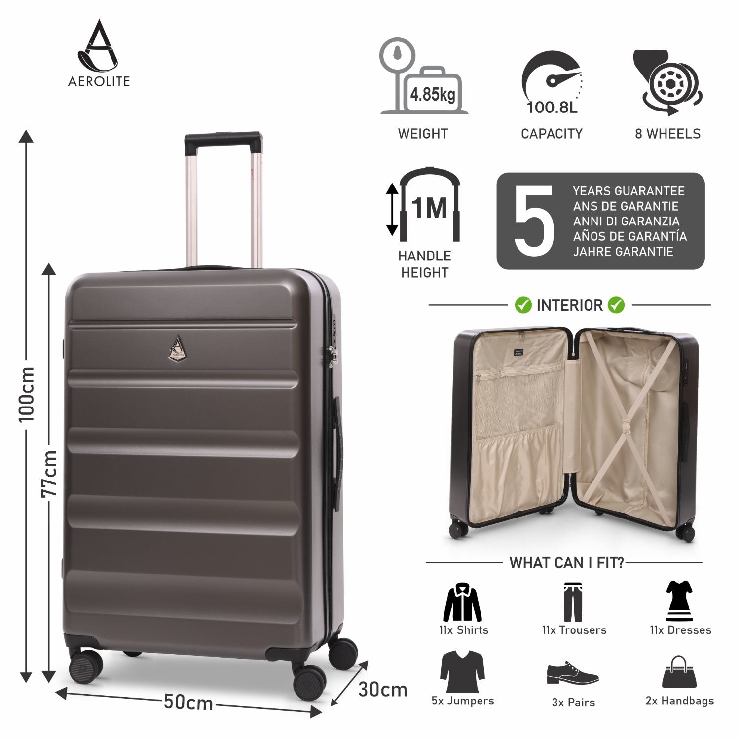 Aerolite 3-Piece Luggage Set – Lightweight Hard Shell Suitcases with 4 Dual Spinner Wheels & TSA Lock – Expandable Cabin (21”), Medium (24”), Large (28”) – Expandable Carry-On Case Included – Charcoal