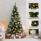 Olsen & Smith 7ft Large Snowy Artificial Christmas Tree – Pre-Lit Indoor Xmas Tree with 450 Warm White LED Lights, 48 Snowflake Ornaments, 1150 Branch Tips & Metal Stand