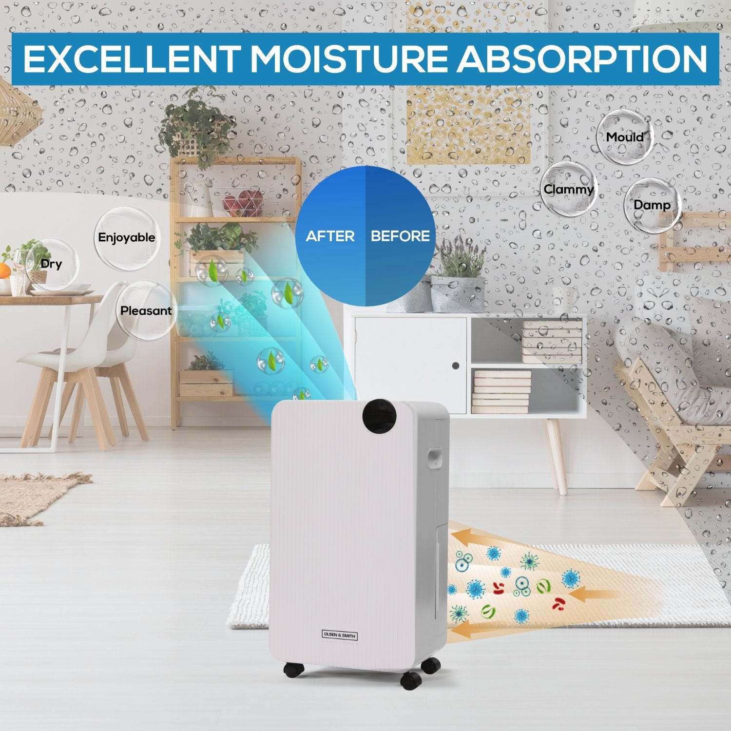 Olsen & Smith 12L/Day Portable Electric Dehumidifier – Home Dehumidifier with Laundry Mode, 2.1L Tank, 2m Drain Hose & Wheels for Bedroom, Bathroom, Kitchen & Basement – White