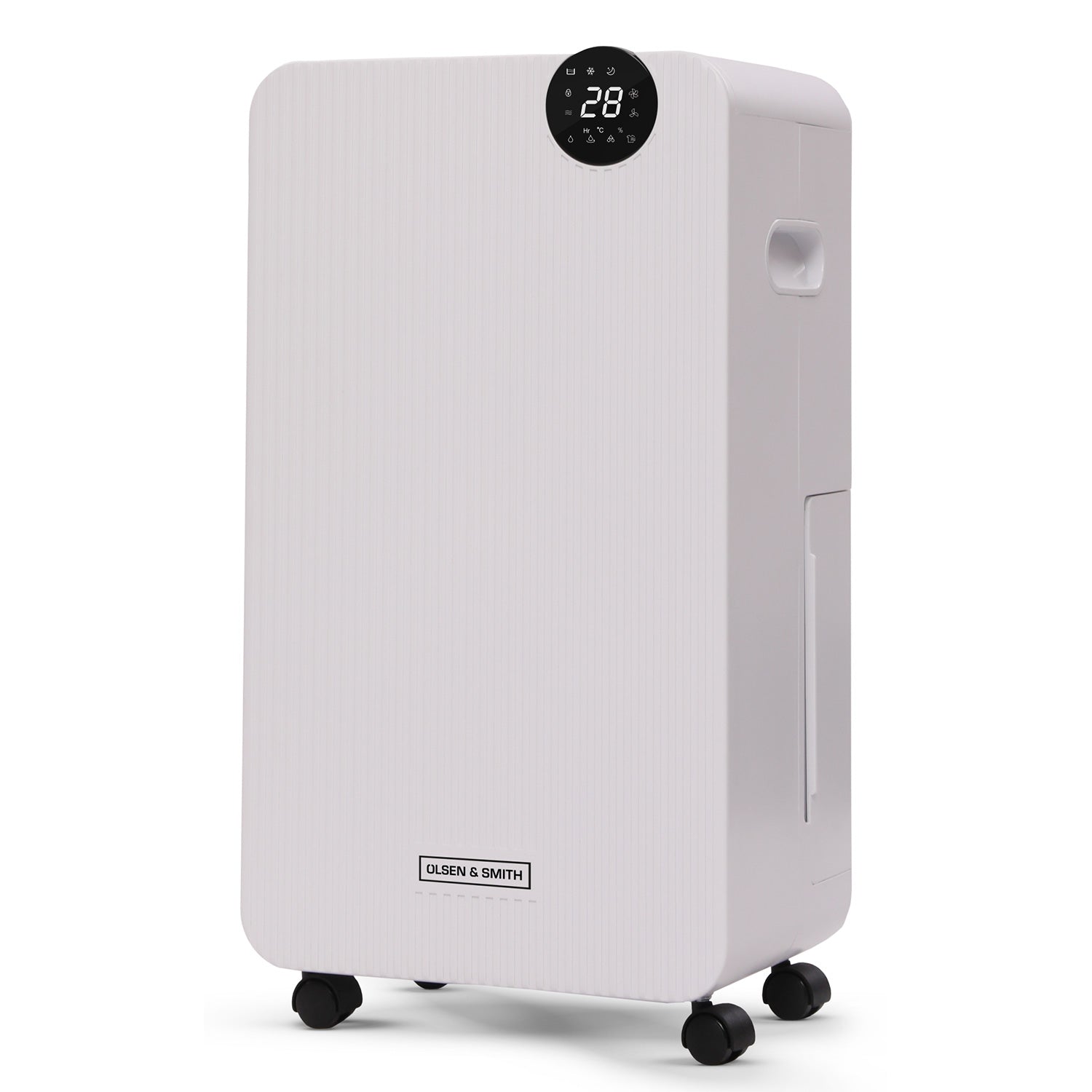Olsen & Smith 12L/Day Portable Electric Dehumidifier – Home Dehumidifier with Laundry Mode, 2.1L Tank, 2m Drain Hose & Wheels for Bedroom, Bathroom, Kitchen & Basement – White