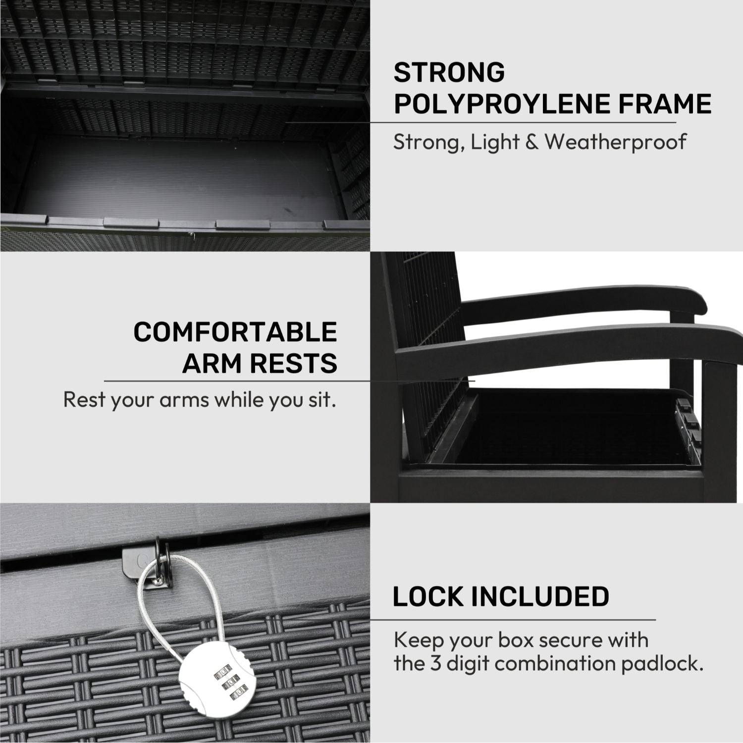 Olsen & Smith Outdoor Garden Storage Bench 265L – Weather-Resistant Rattan Effect Plastic Seat with Lockable Storage Box, Patio Furniture Chest for Tools, Cushions & Toys – Black
