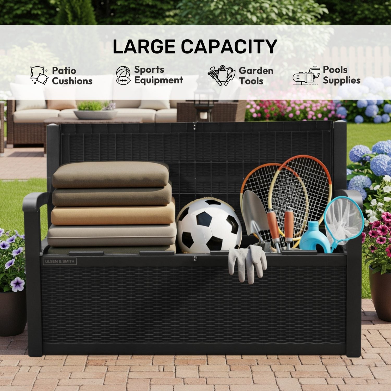 Olsen & Smith Outdoor Garden Storage Bench 265L – Weather-Resistant Rattan Effect Plastic Seat with Lockable Storage Box, Patio Furniture Chest for Tools, Cushions & Toys – Black