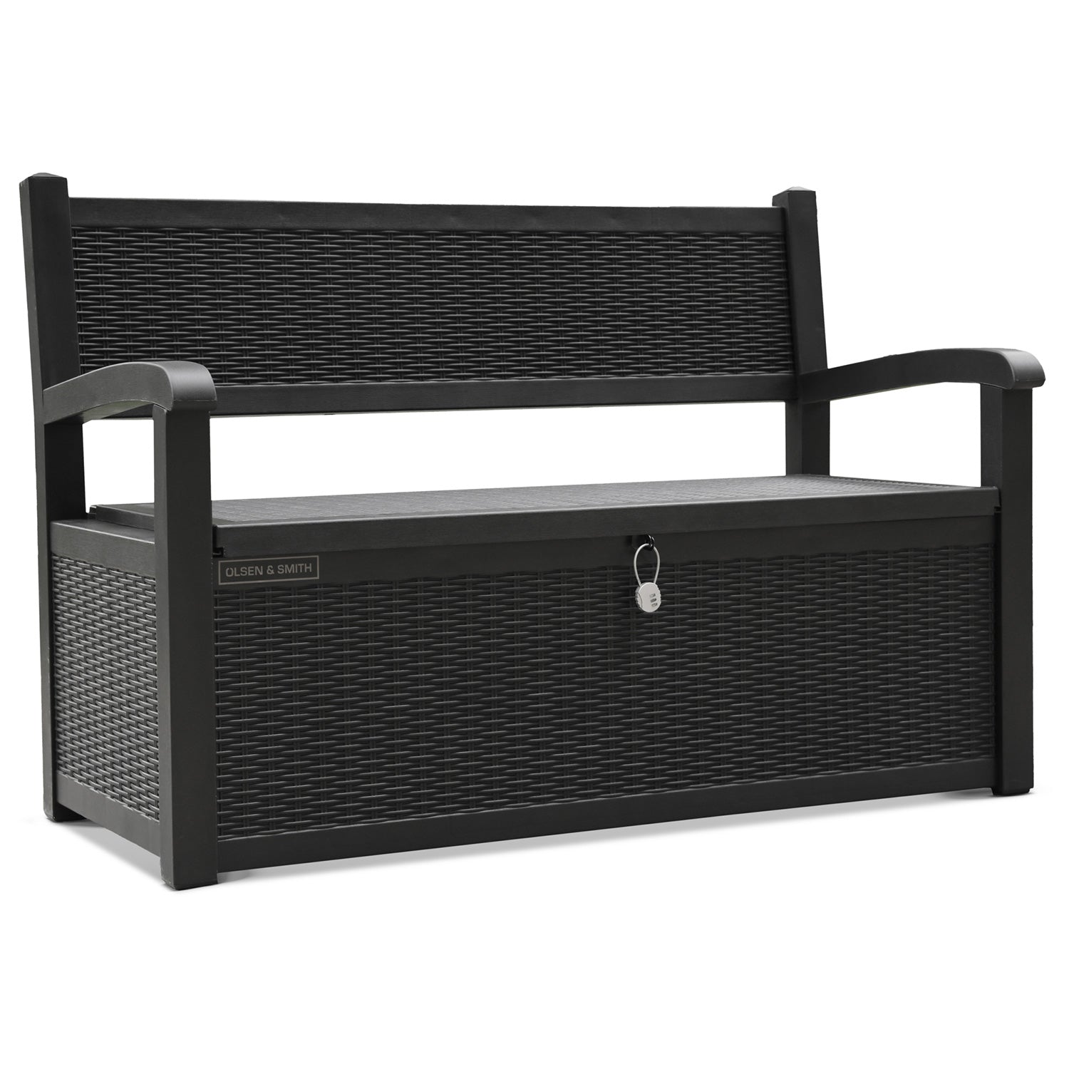 Olsen & Smith Outdoor Garden Storage Bench 265L – Weather-Resistant Rattan Effect Plastic Seat with Lockable Storage Box, Patio Furniture Chest for Tools, Cushions & Toys – Black