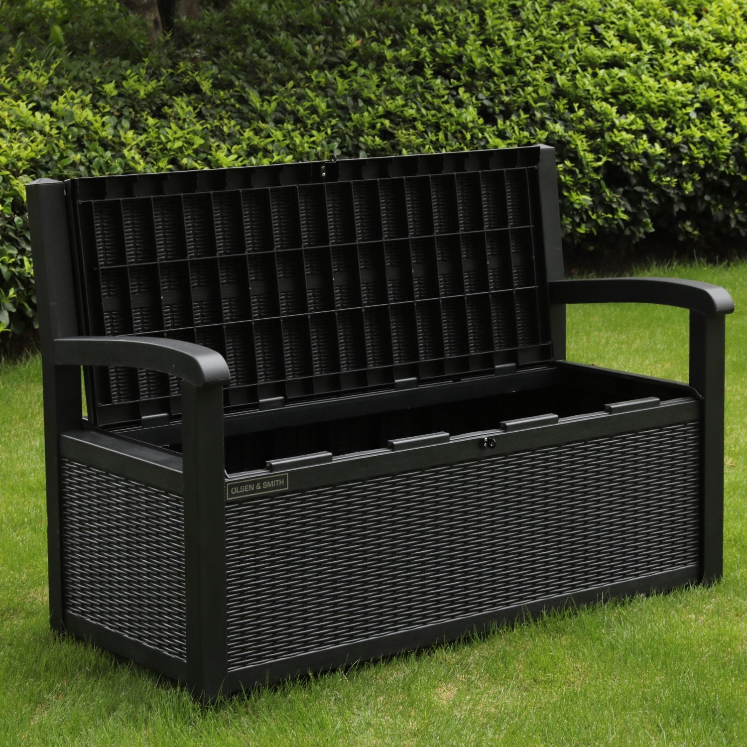 Olsen & Smith Outdoor Garden Storage Bench 265L – Weather-Resistant Rattan Effect Plastic Seat with Lockable Storage Box, Patio Furniture Chest for Tools, Cushions & Toys – Black