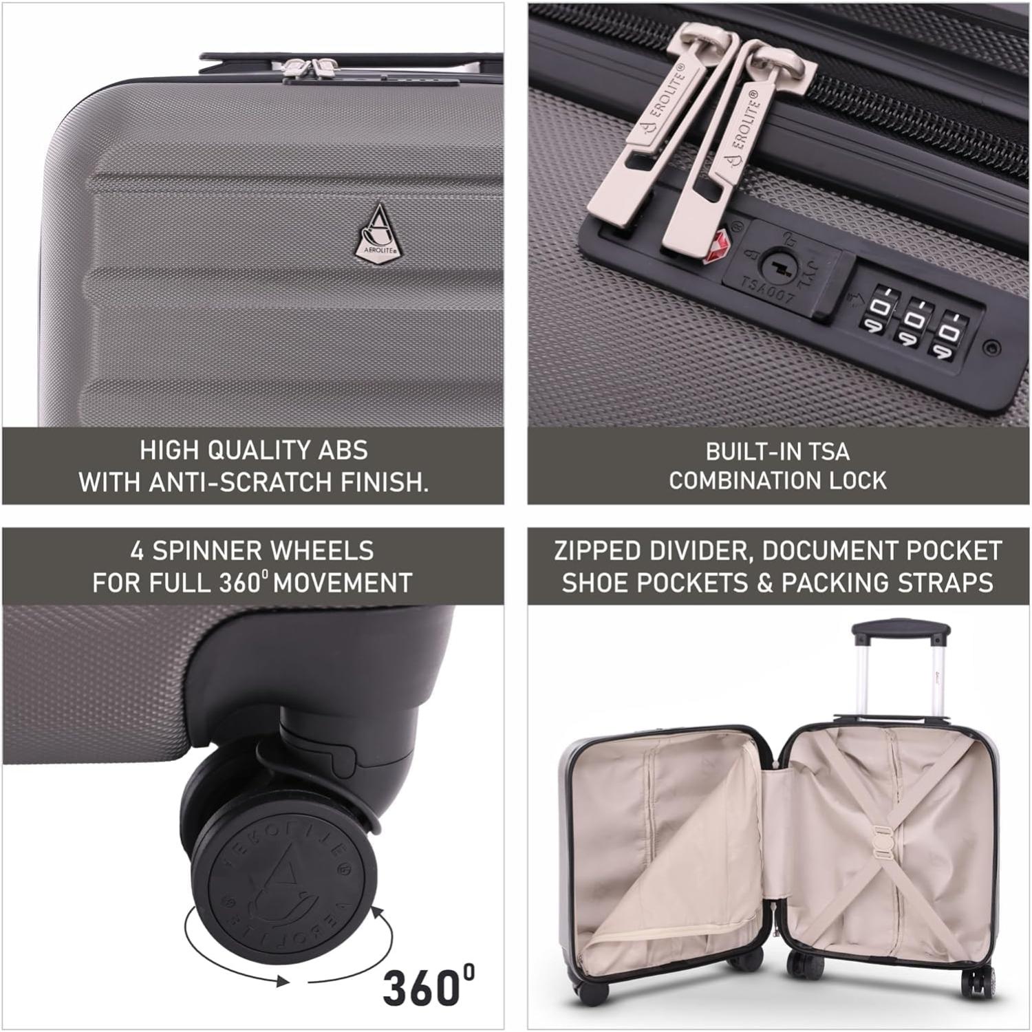 Aerolite suitcase features: TSA lock, spinner wheels