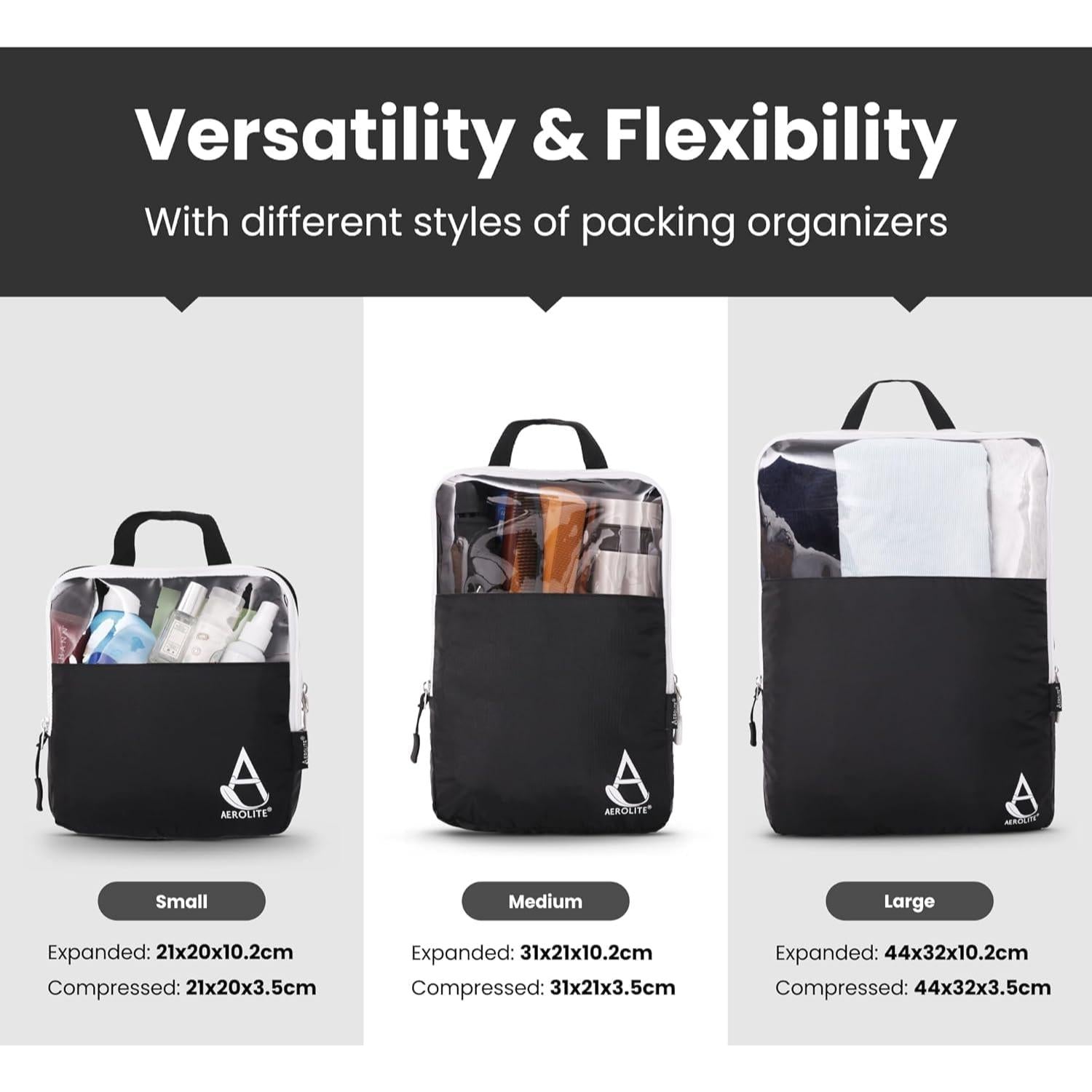 Aerolite packing organizers in small, medium, and large sizes